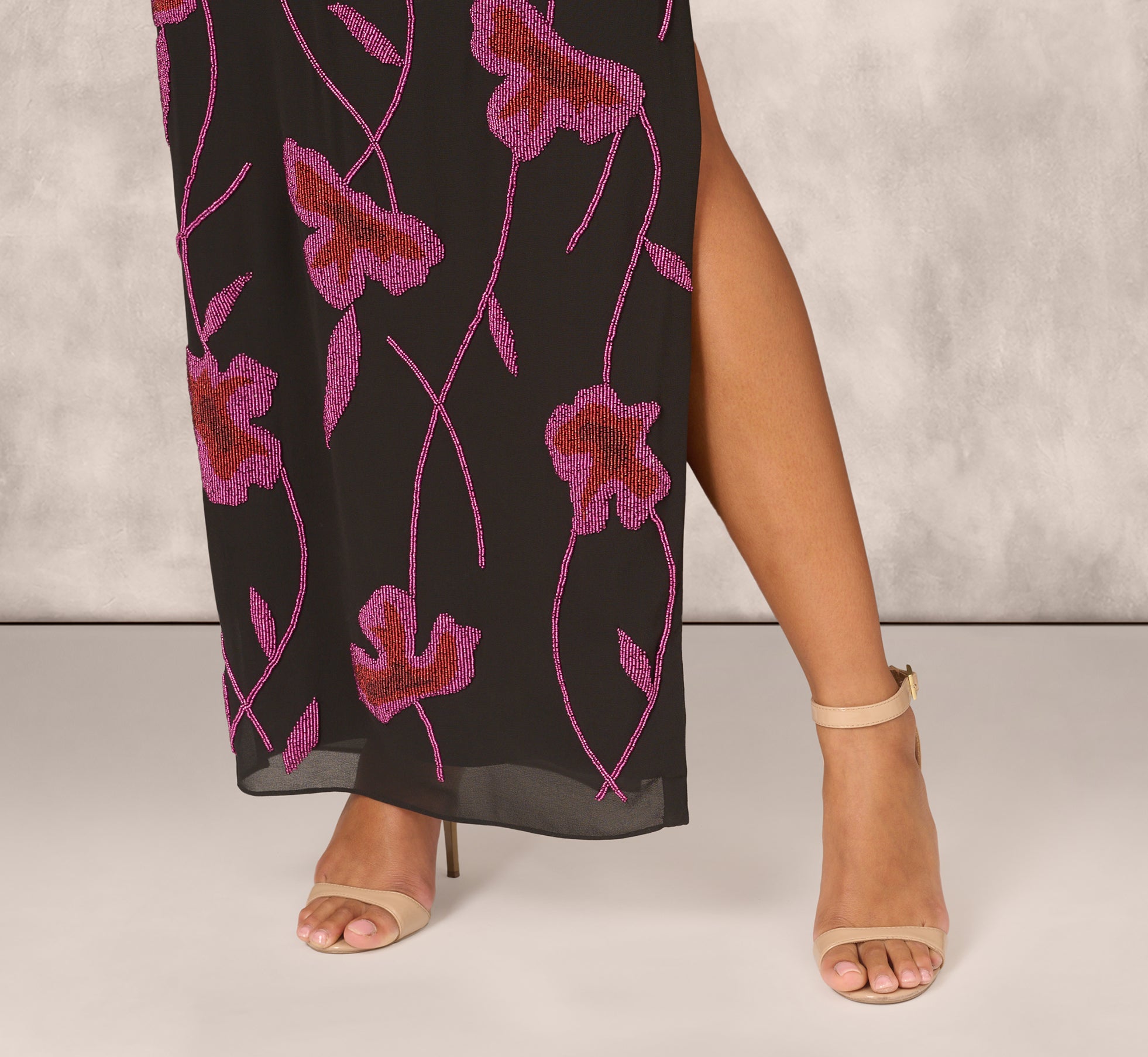 Beaded Floral Halter Column Gown With Mock Neck In Black Multi、mySite、solidvoid