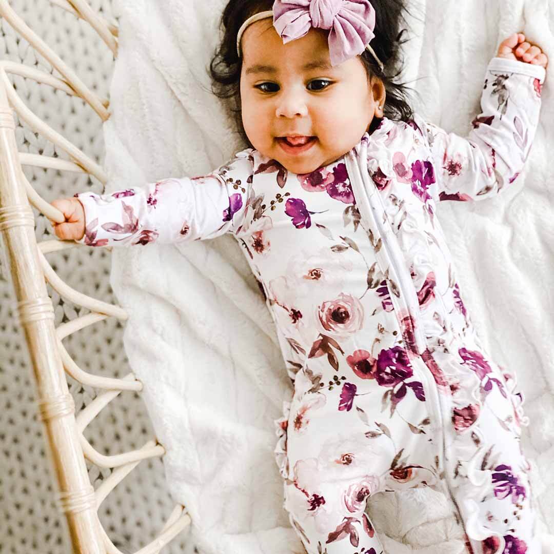  Demi's Dusty Purple Floral Zipper Ruffle Footie、mySite、layawaytickets