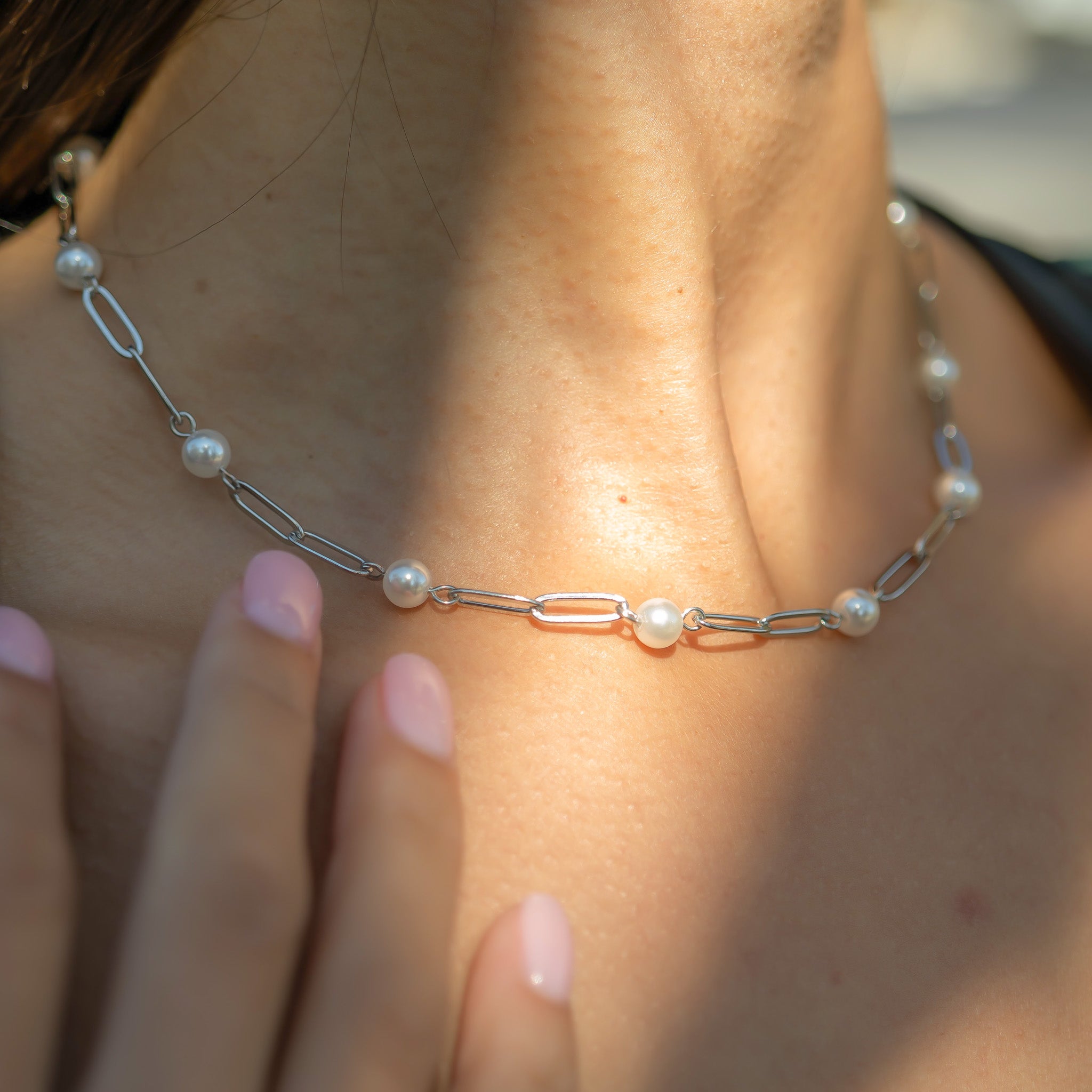 18K Gold PVD Stainless Steel Pearl Station Paperclip Chain Necklace / CHN0082、mySite、dreamappss