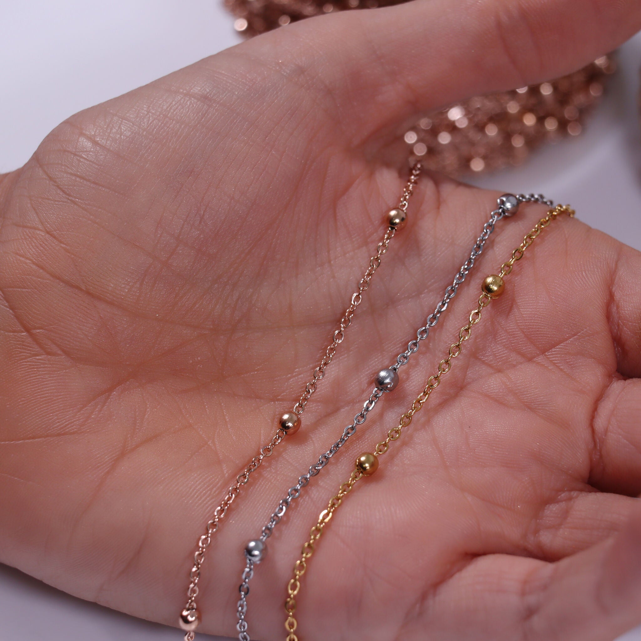 3mm 18K Gold PVD Stainless Steel Beaded Satellite Permanent Jewelry Chain By The Foot / SPL1007、mySite、dreamappss