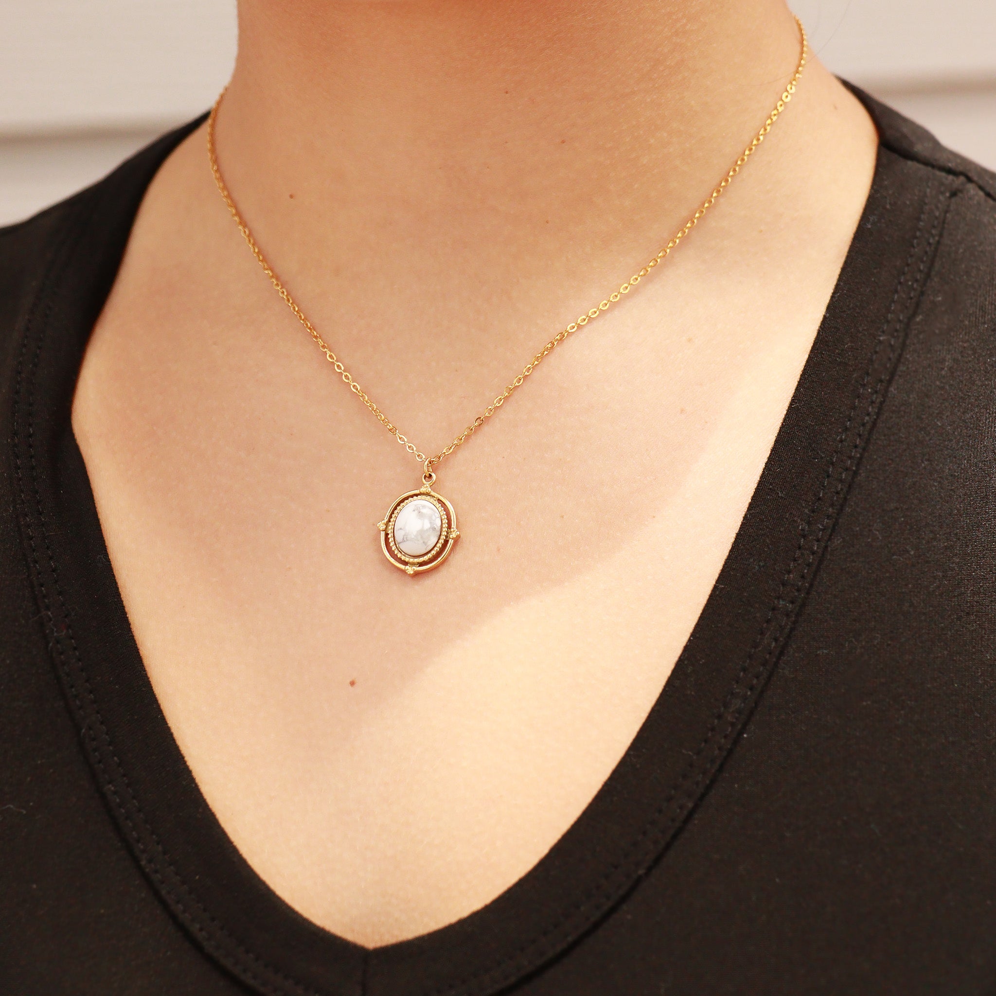 18K Gold PVD Stainless Steel Roped Frame Oval Semi Precious Stone Charm / PDL0119、mySite、dreamappss