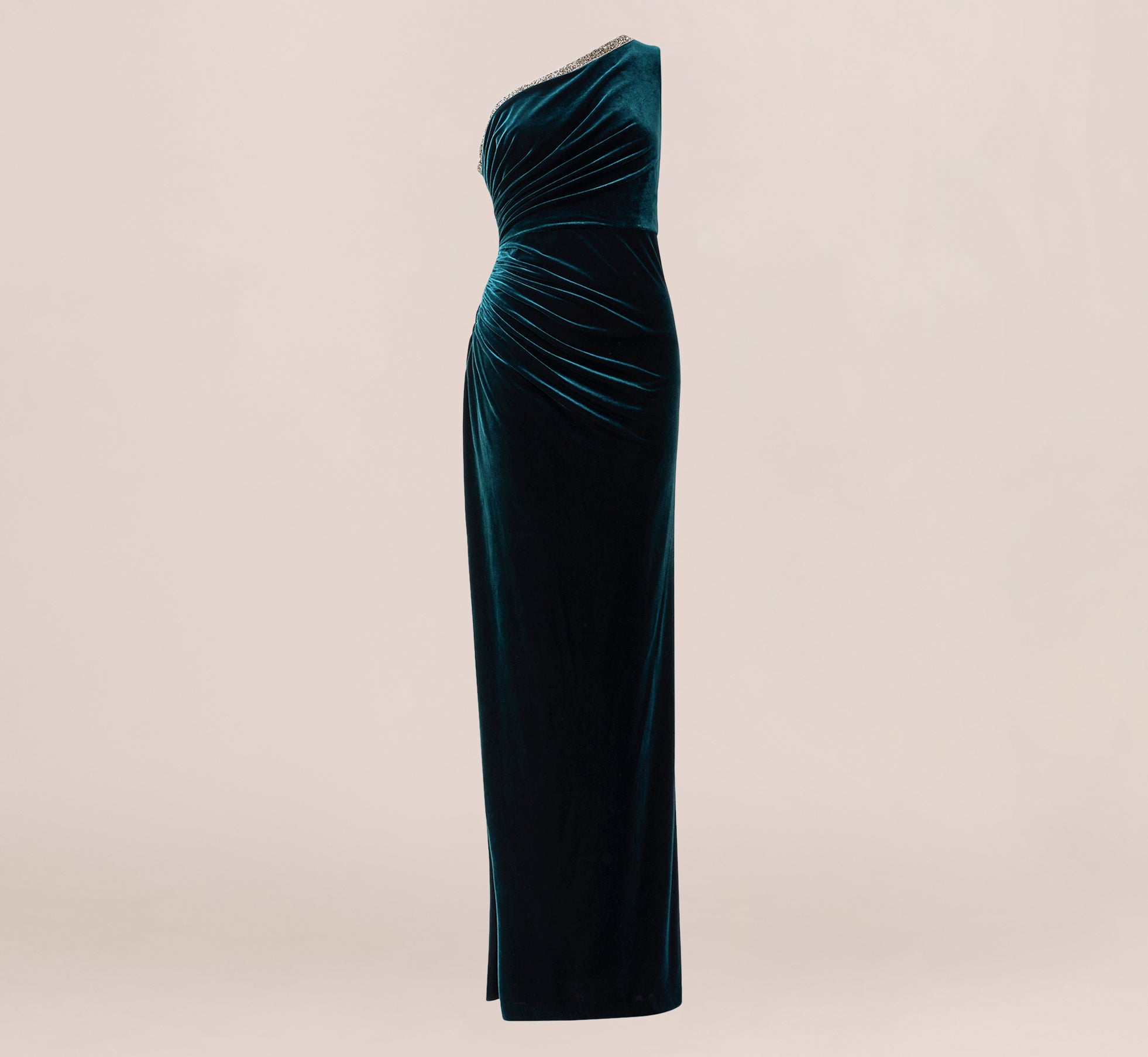 Velvet One Shoulder Gown With Beaded Neckline In Hunter、mySite、solidvoid