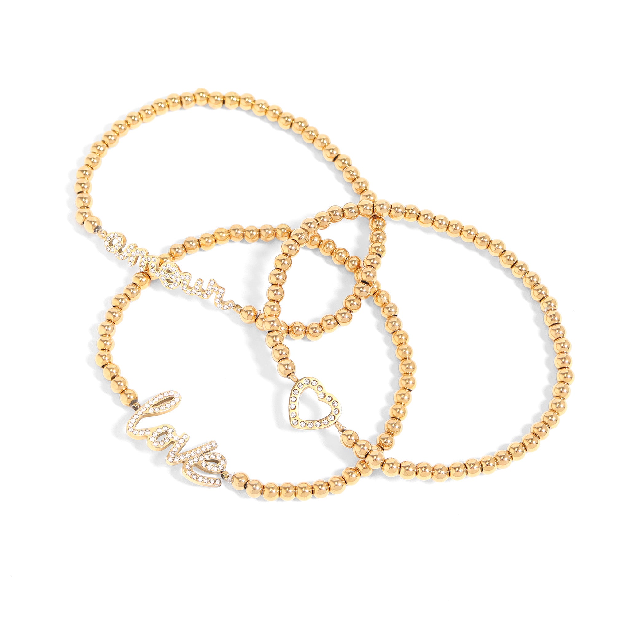 18K Gold PVD Stainless Steel Stone Heart Metal Beaded Stretch Bracelet / BRJ1016、mySite、dreamappss