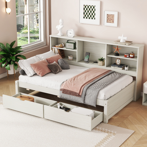 Twin Size Bed Frame With Side Bookshelves, Two Drawers, And Built-in USB Port For Natural Color、、xpatfood