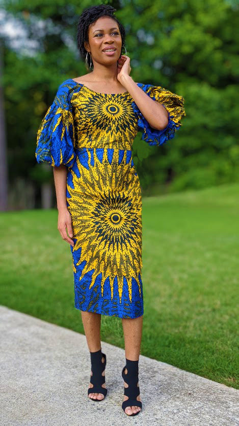 Papo Blue Gold African Print Dress-DP4071D12、mySite、solidvoid