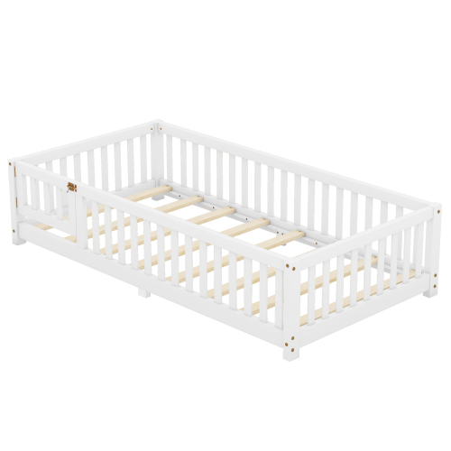 Twin Size Bed Floor Bed with Safety Guardrails and Door for Kids, Natural(Old SKU: W158090686)、、casual