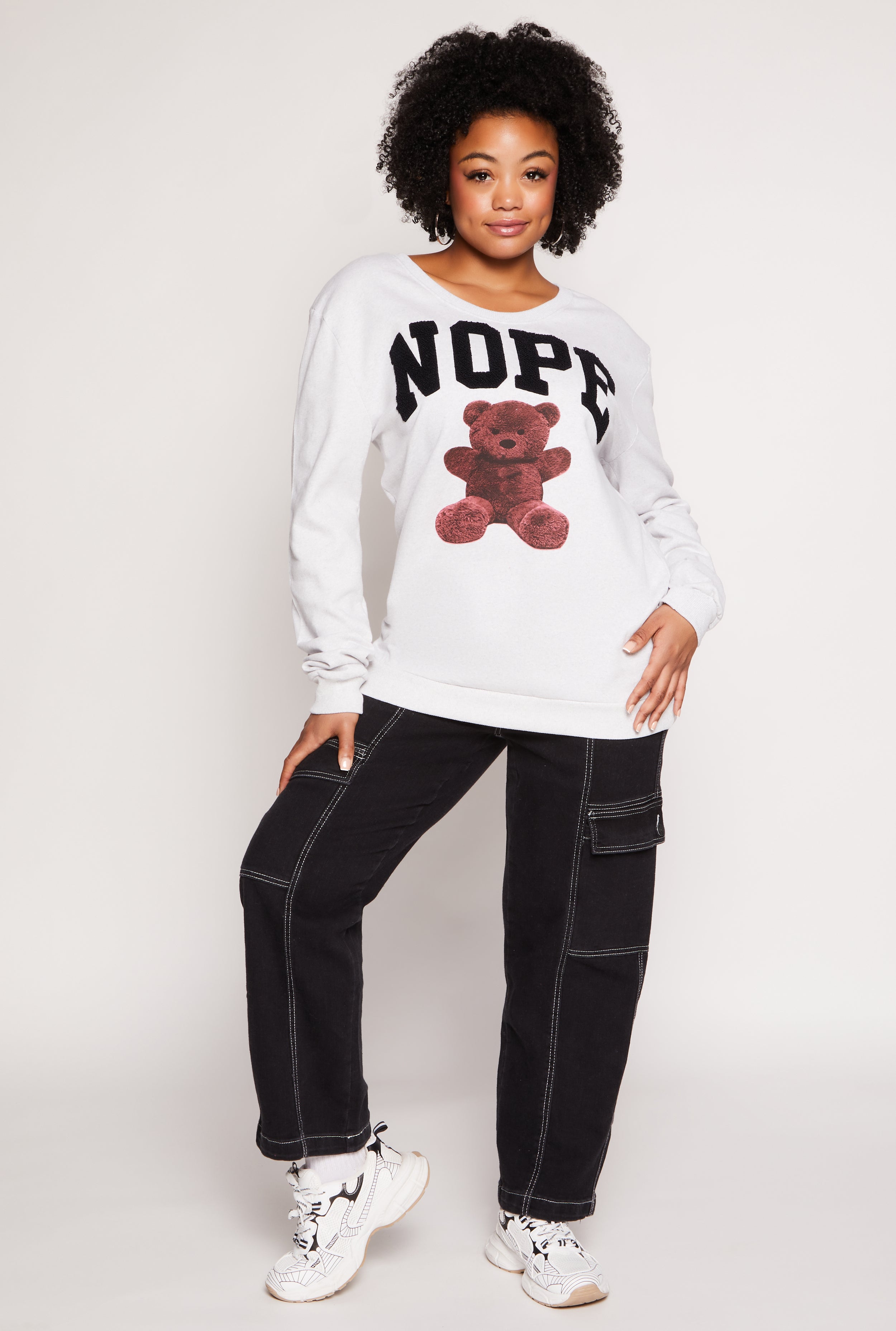 Plus Size Nope Chenille Graphic Sweatshirt、mySite、camillekostekn