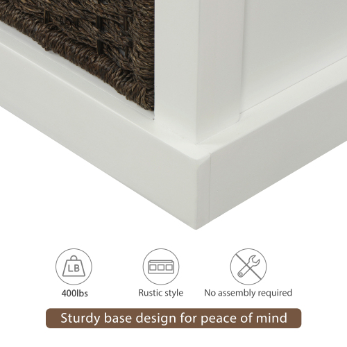 TREXM Rustic Storage Bench with 3 Removable Classic Rattan Basket , Entryway Bench Storage Bench with Removable Cushion (White)、、casual