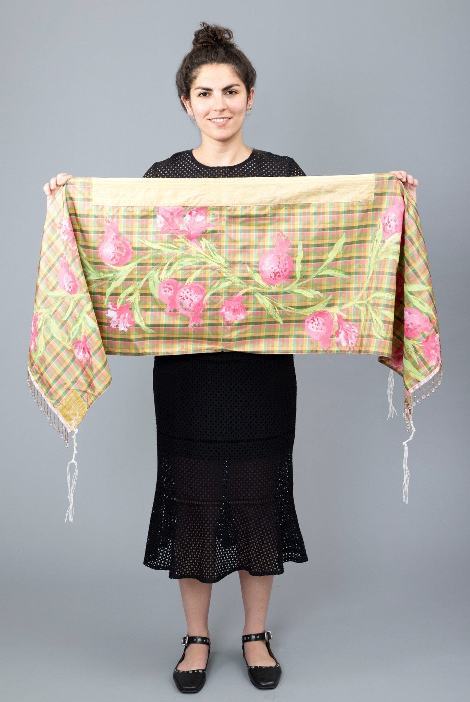 Pink, Green, and Yellow Silk Plaid Tallit with Hand-Painted Pomegranate Design、mySite、topwebapps