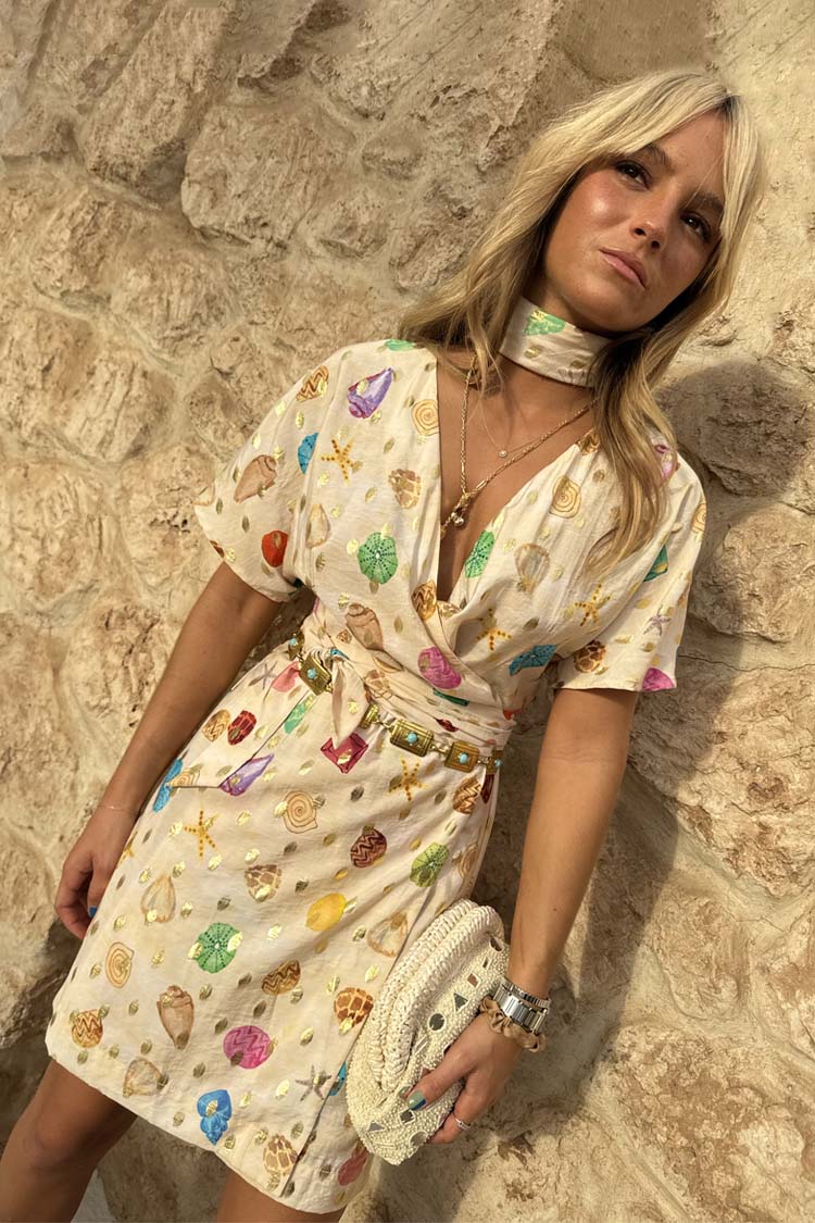 Cream Shell Mini Wrap Dress Petite、mySite、solidvoid