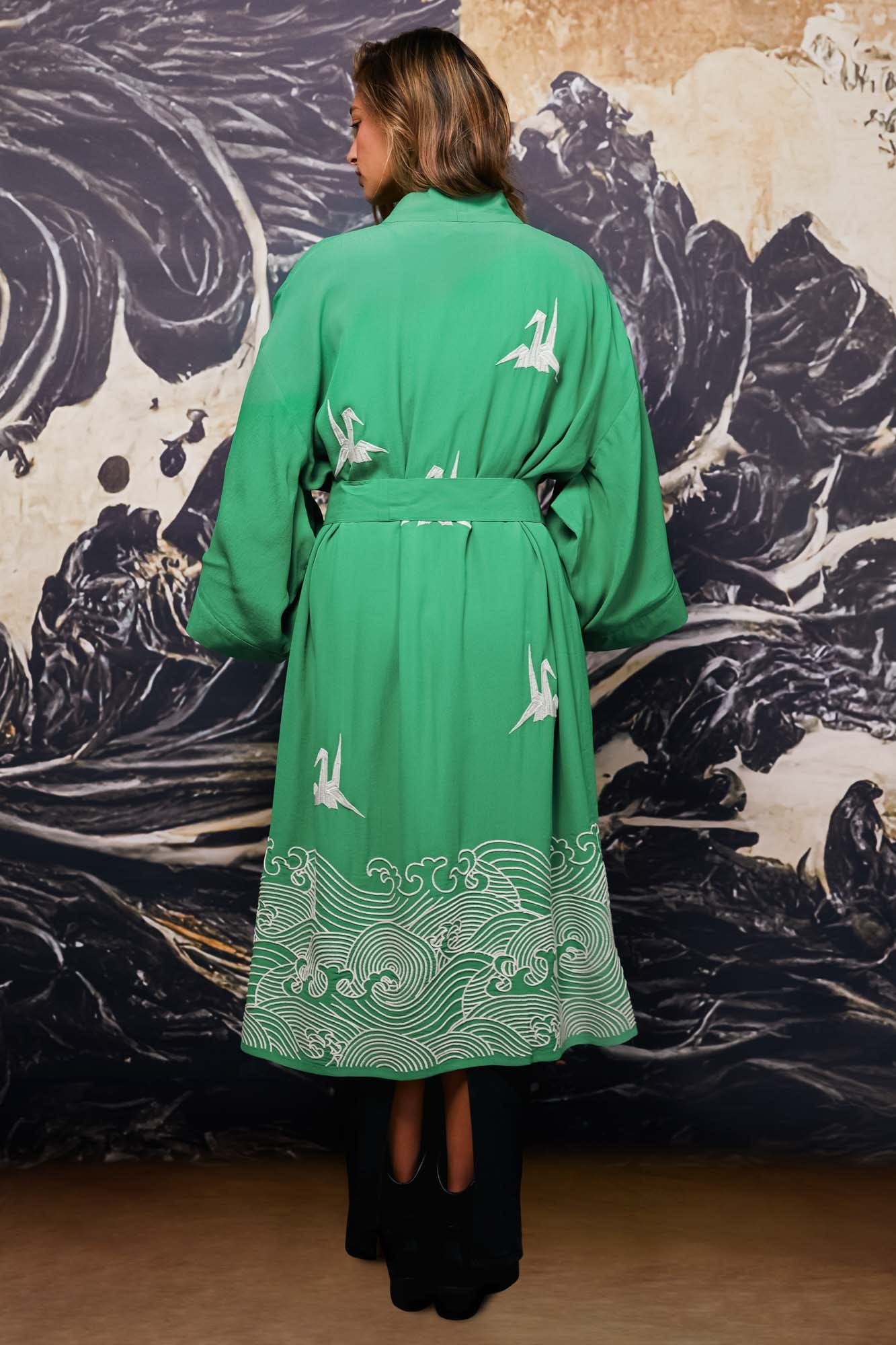 Origami and Hokusai Wave Embroidered Fully Lined Island Green Long Kimono、mySite、bengalsvssteelers