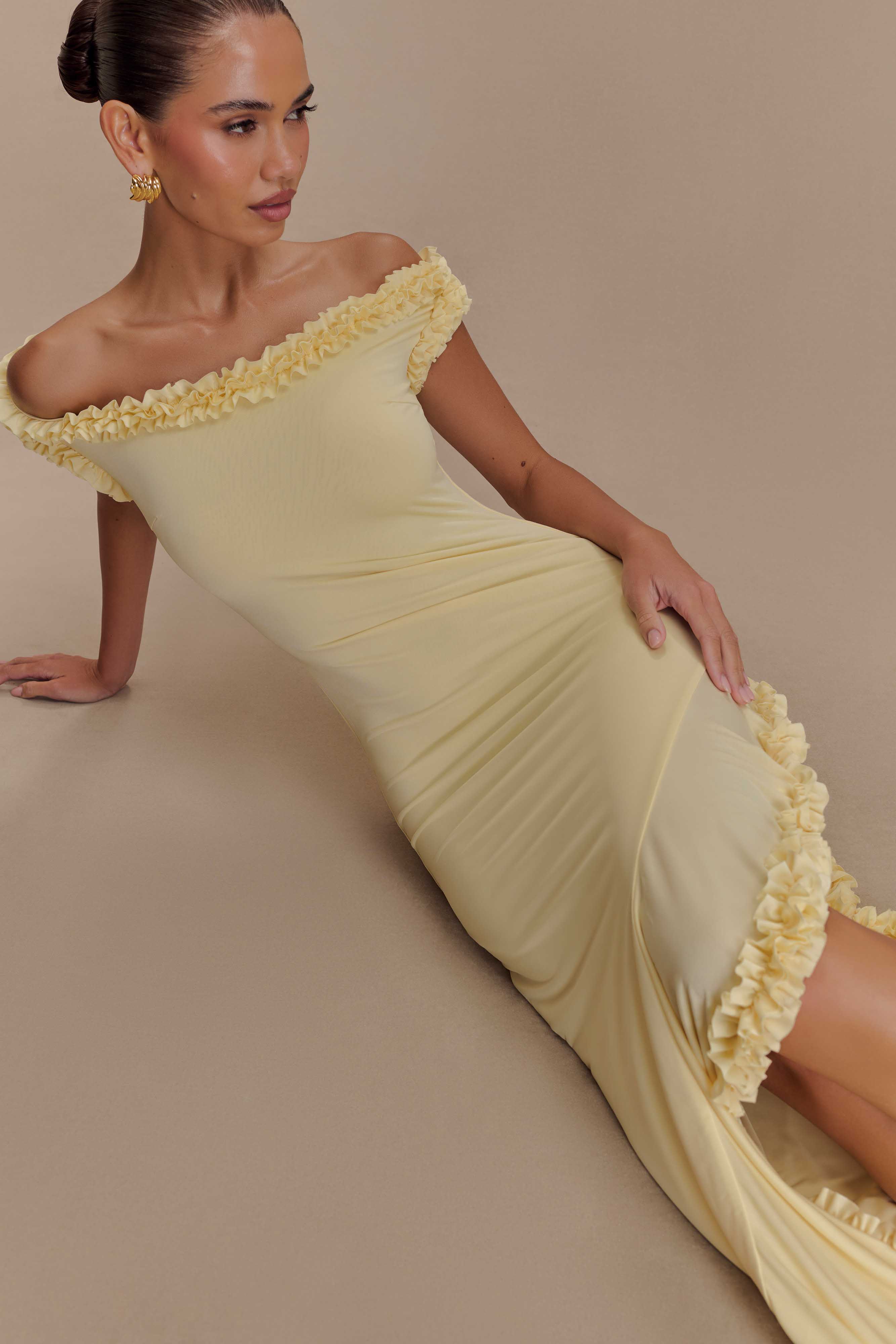 Arielle Off Shoulder Ruffle Midi Dress - Pastel Lemon、mySite、solidvoid
