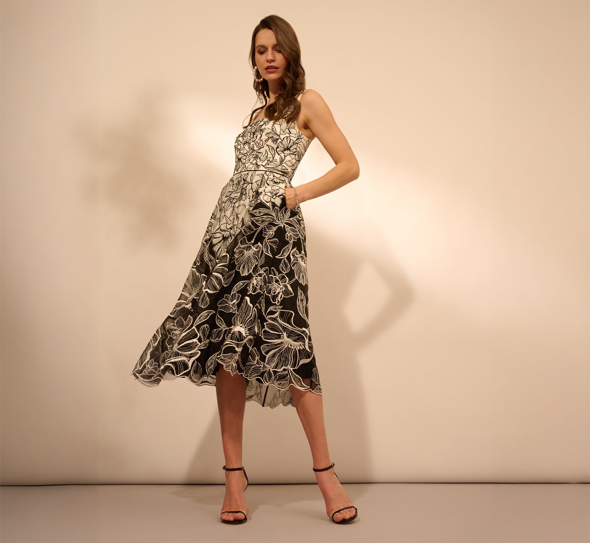 Sleeveless Embroidered Two Tone Midi Dress In Ivory Black、mySite、solidvoid