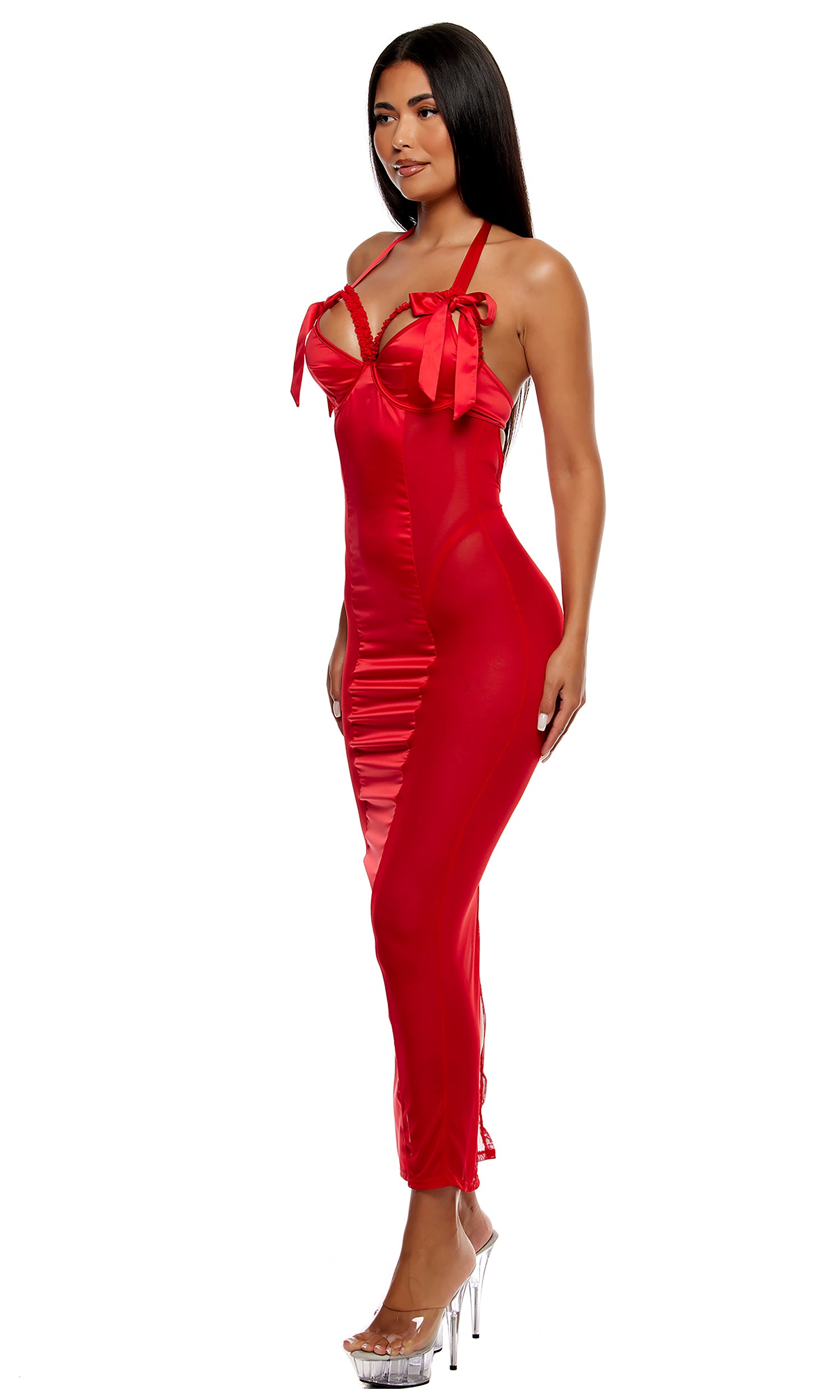 No Strings Attached Satin and Mesh Lace Trim Nightgown Lingerie Set - Red、mySite、bengalsvssteelers