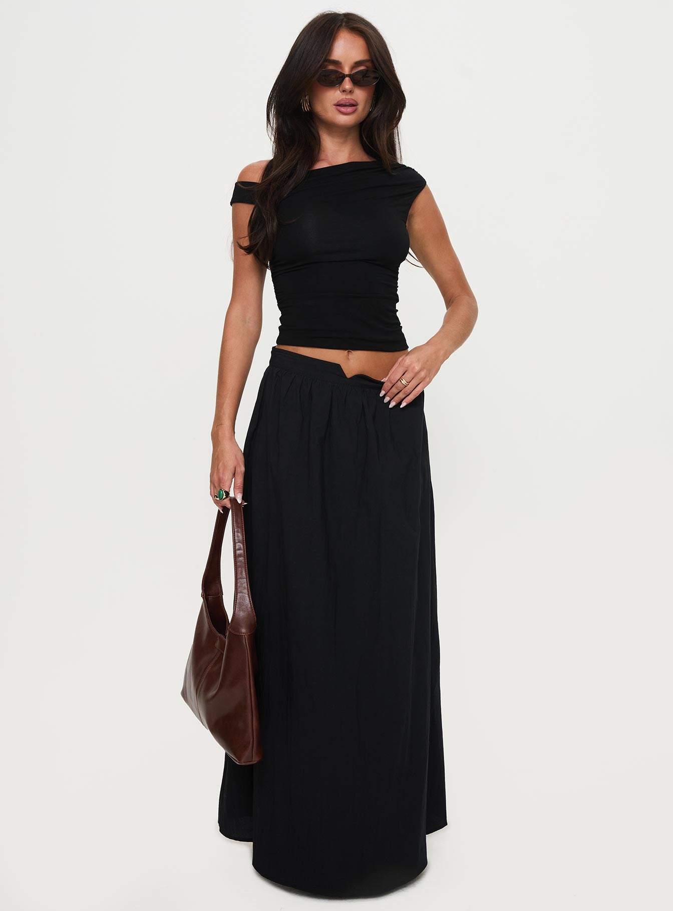 Rennata Gathered Mid Rise Maxi Skirt Black、mySite、solidvoid
