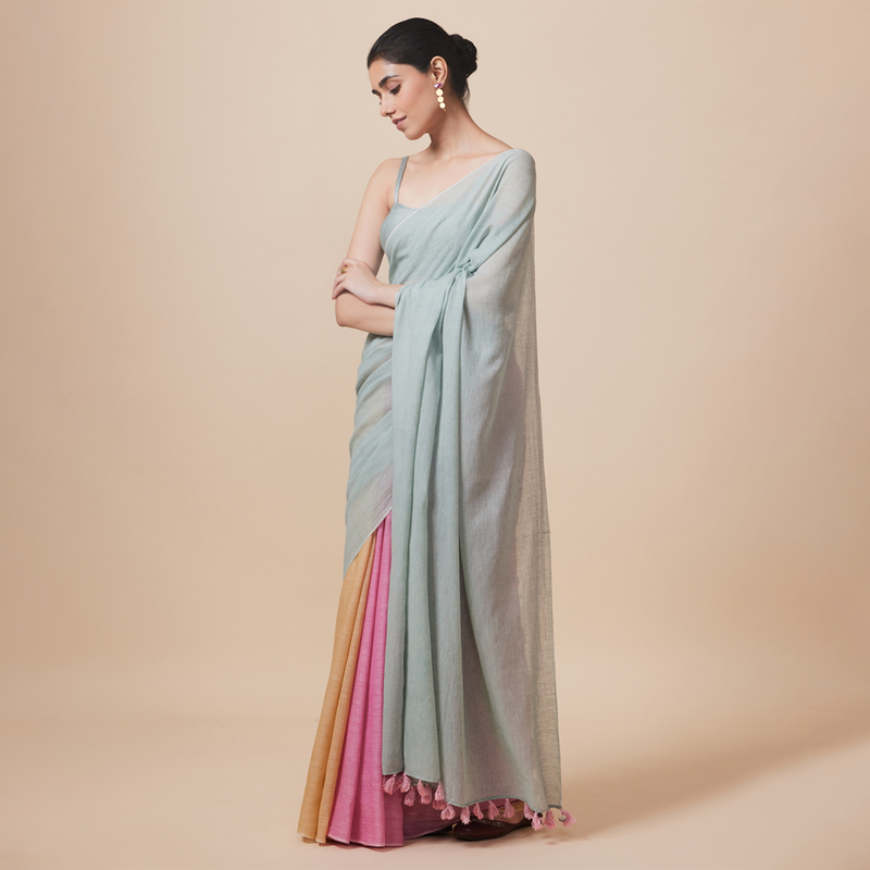 Cotton Printed Saree with Blouse | Light Blue & Pink、mySite、camillekostekn