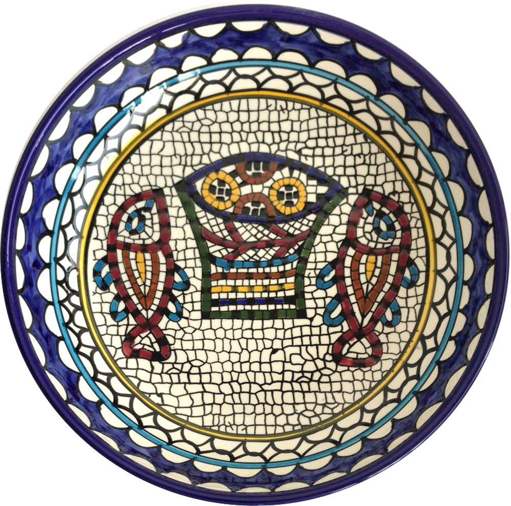  Holy Land Market Tabgha or Fish and Bread Multiplication Miracle Armenian Ceramic Serving Bowl - (11 inches in Diameter and 2.25 Inches deep) - Asfour Outlet Trademark、mySite、elrpsem3k