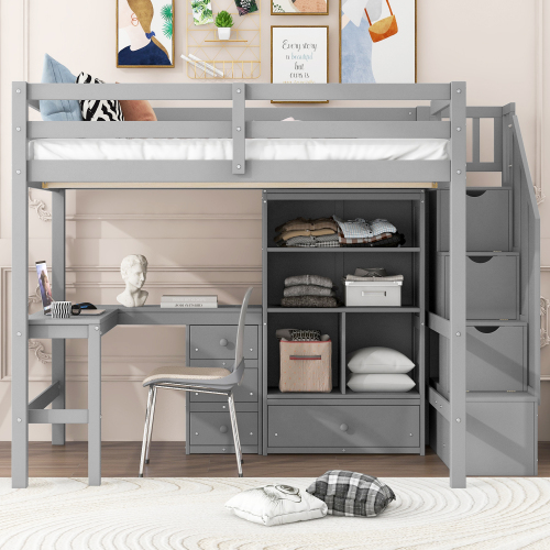Twin Size Loft Bed with L-Shaped Desk and Drawers, Cabinet and Storage Staircase, White、、casual
