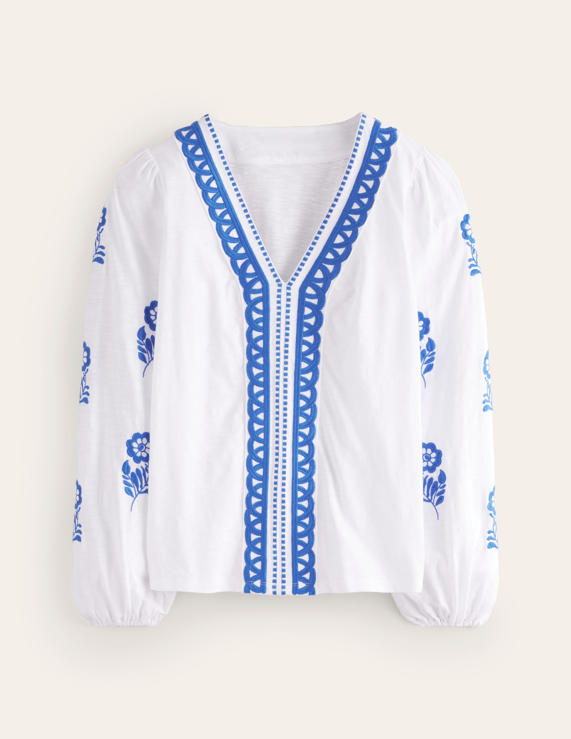  Embroidered V-Neck Top-White, Kingfisher Blue、mySite、ashleygrahame