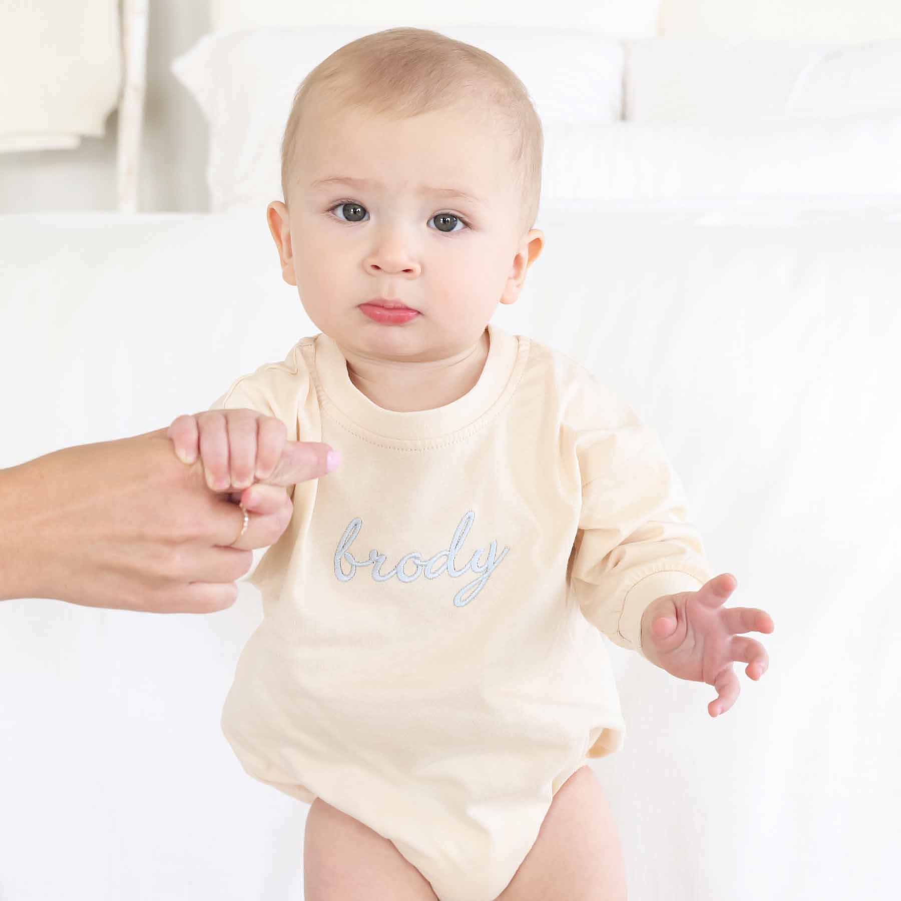  Personalized Script Name Long Sleeve Bubble Romper | Natural、mySite、layawaytickets