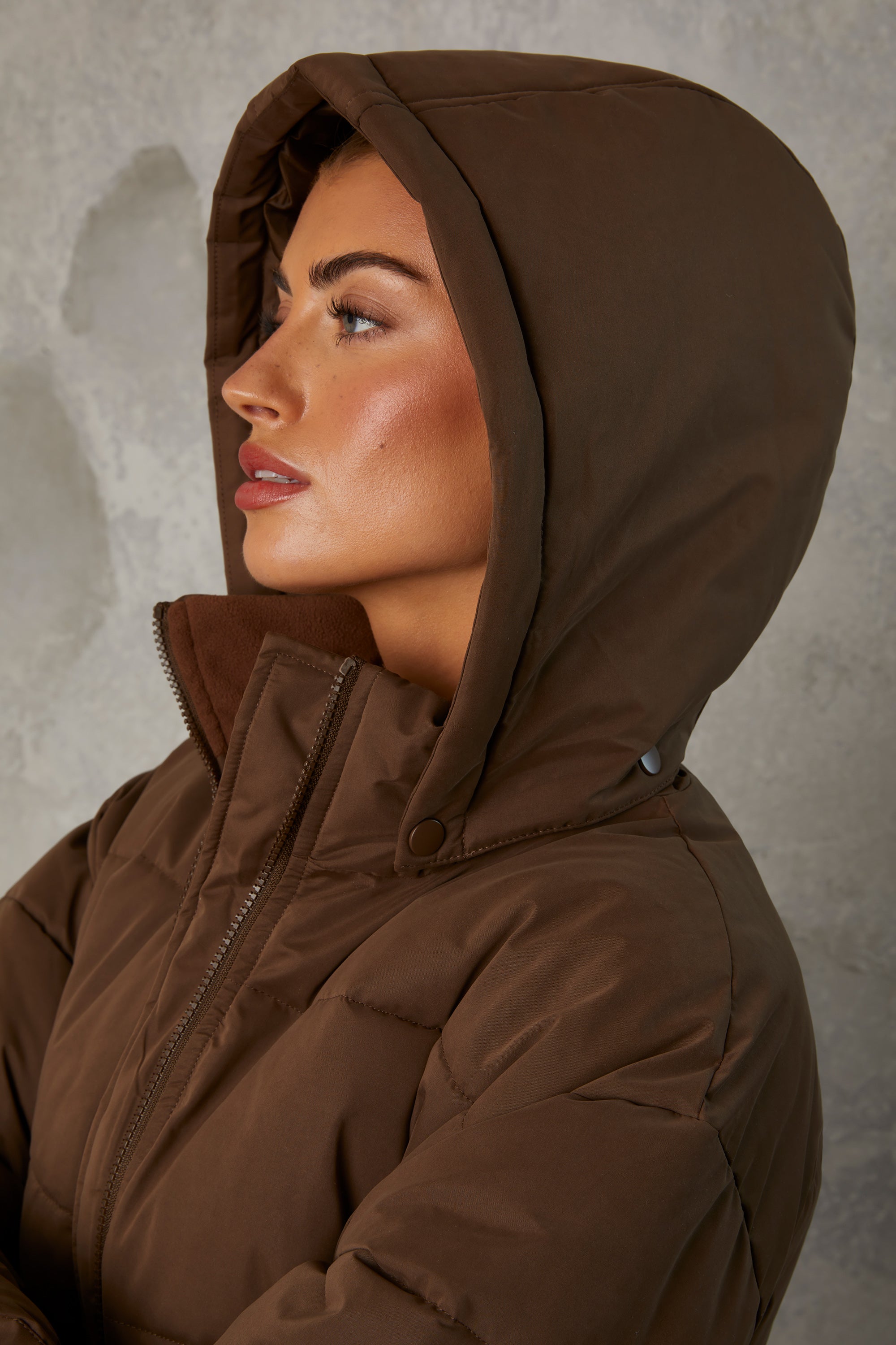 Mid Length Hooded Puffer Coat in Cocoa Brown、mySite、solidvoid
