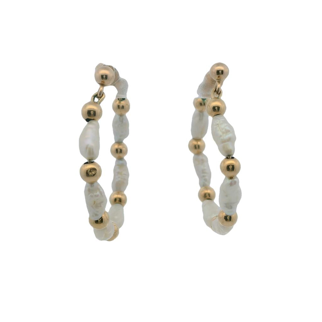  Estate 14K Yellow Gold Bead & Rice Pearl Hoop Earrings