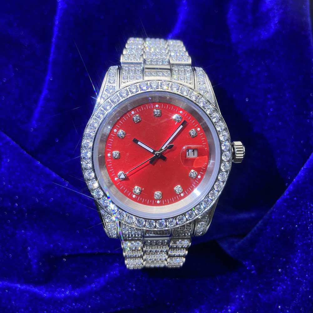 Moissanite Presidential Watch | Red Face | 41MM | 13.3CT Iced Out | 14K White Gold、mySite、hinf8tx79
