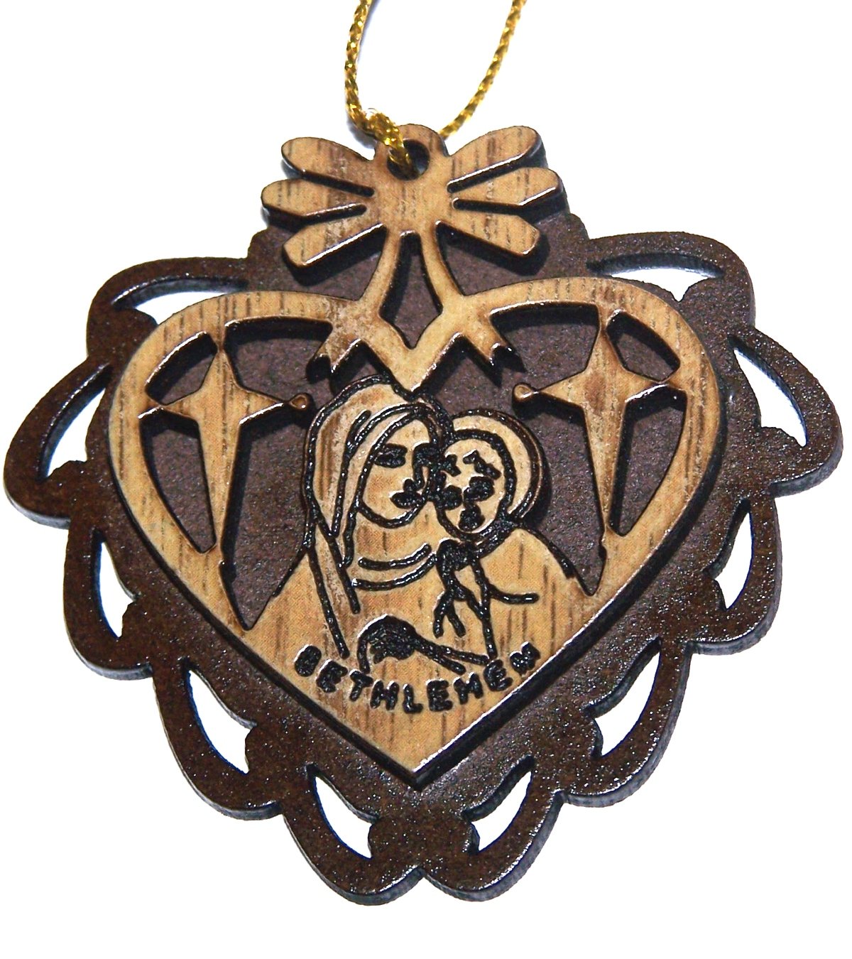  Two Layers Mahogany with Olive wood Mother Mary with Child Ornament gift carved by Laser - Olive wood - all carved inside a Heart (5.5 cm or 2.2 inch with certificate) and gold string、mySite、elrpsem3k