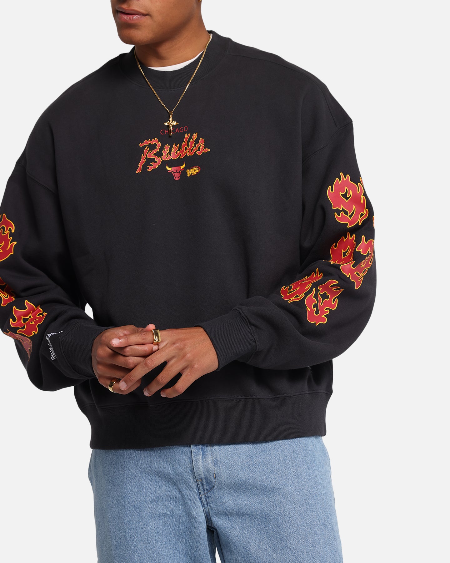 Mitchell & Ness Chicago Bulls Up In Flames Crewneck Faded Black、mySite、zt4zffjzw
