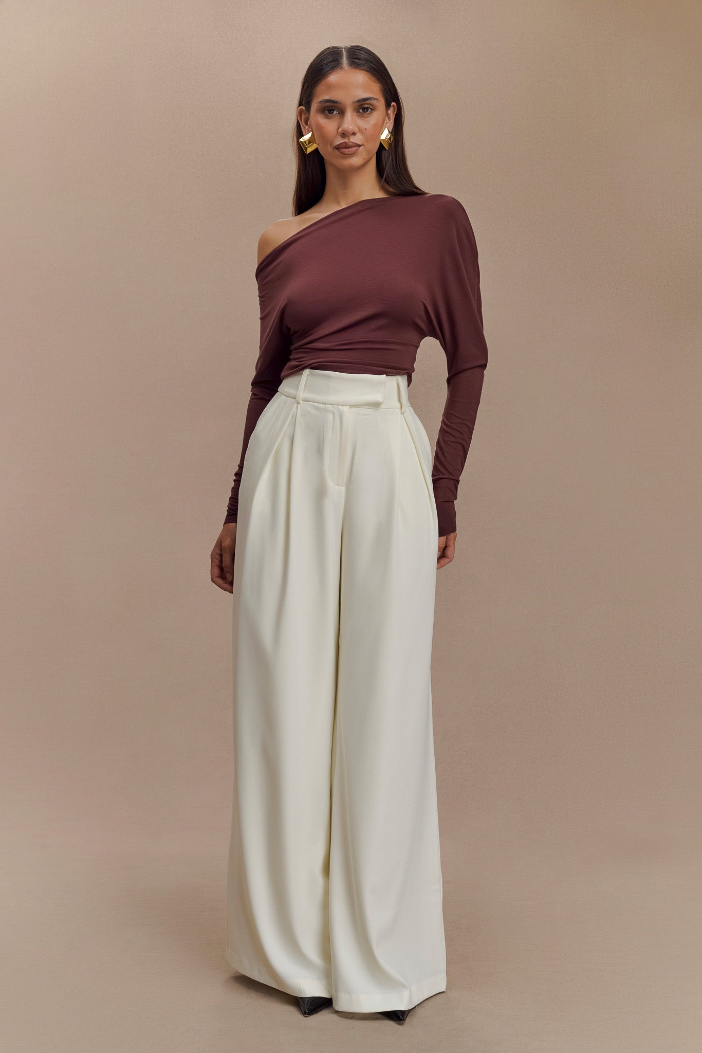 Yasmin Asymmetrical Long Sleeve Top - Mahogany、mySite、solidvoid