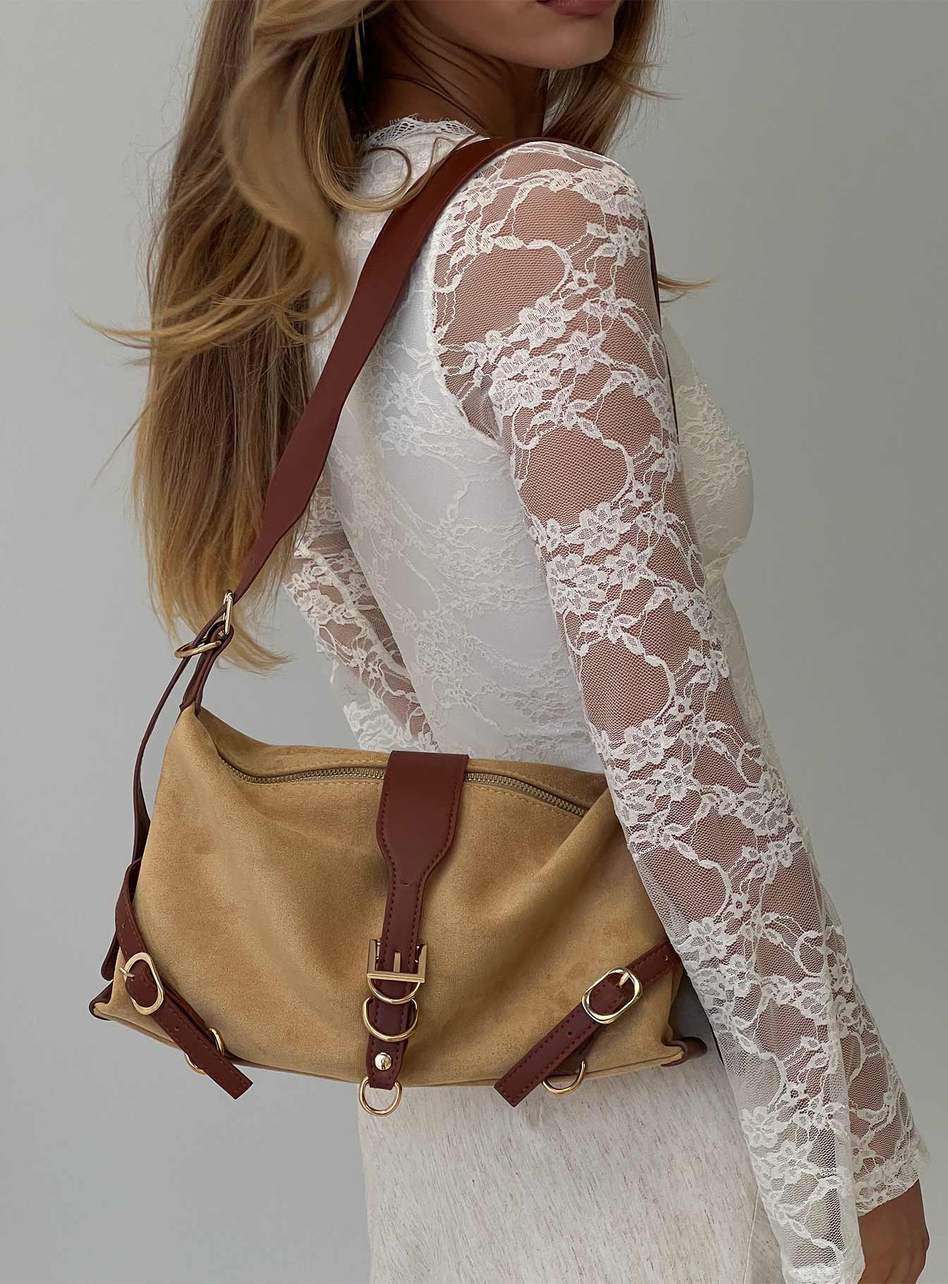 Anatolius Faux Suede Shoulder Bag Brown、mySite、solidvoid