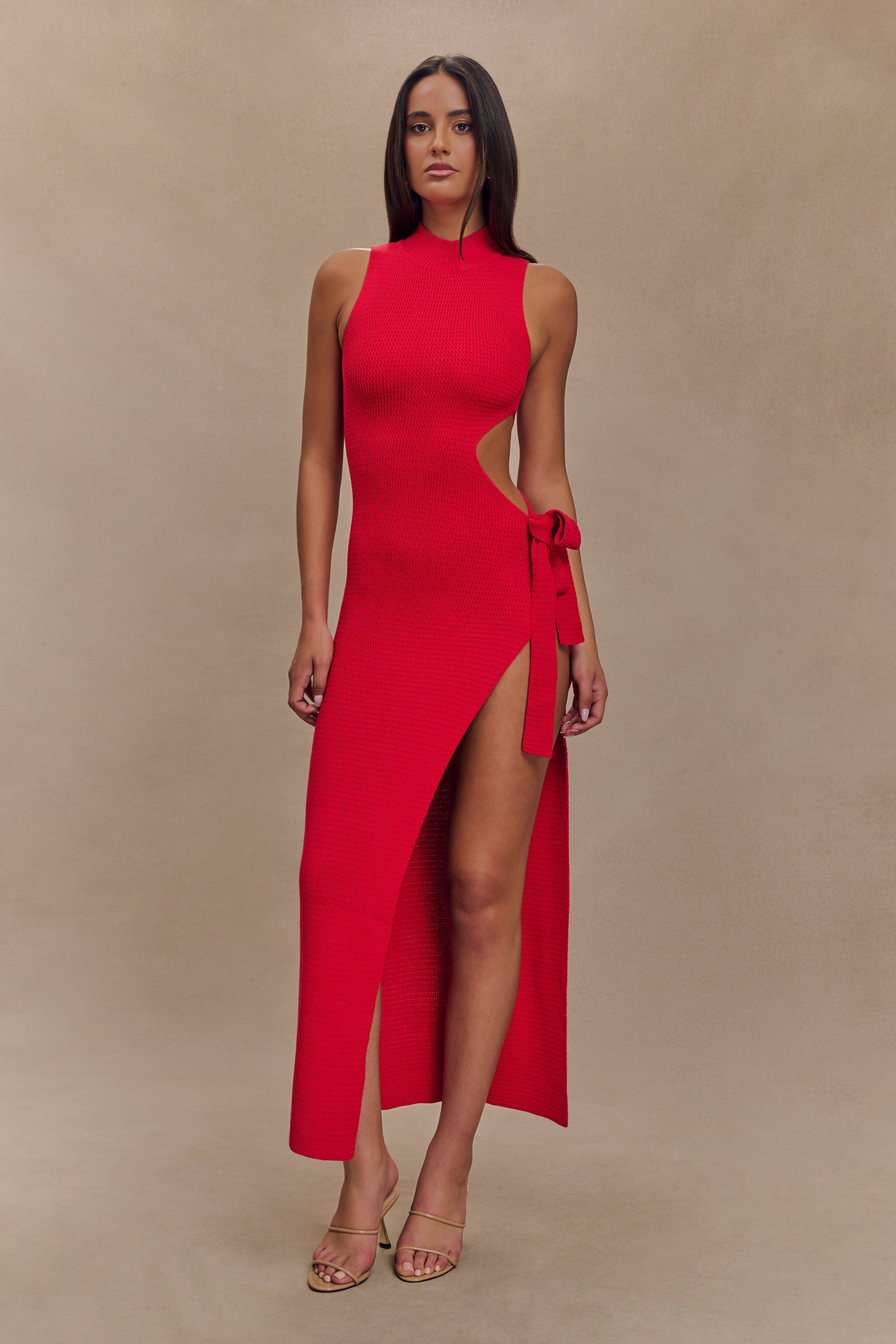 Stephanie Cut Out Knit Maxi Dress - Red、mySite、solidvoid