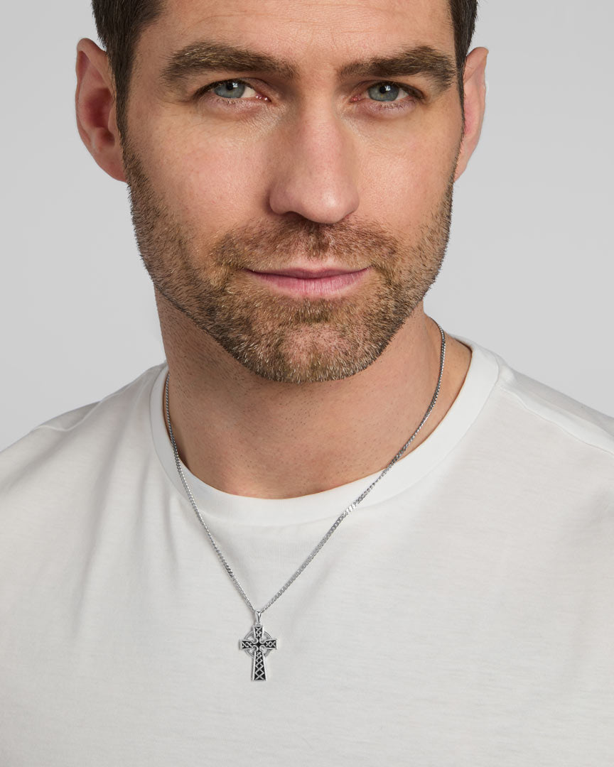  Silver Oxidised Cross Pendant On Steel Chain