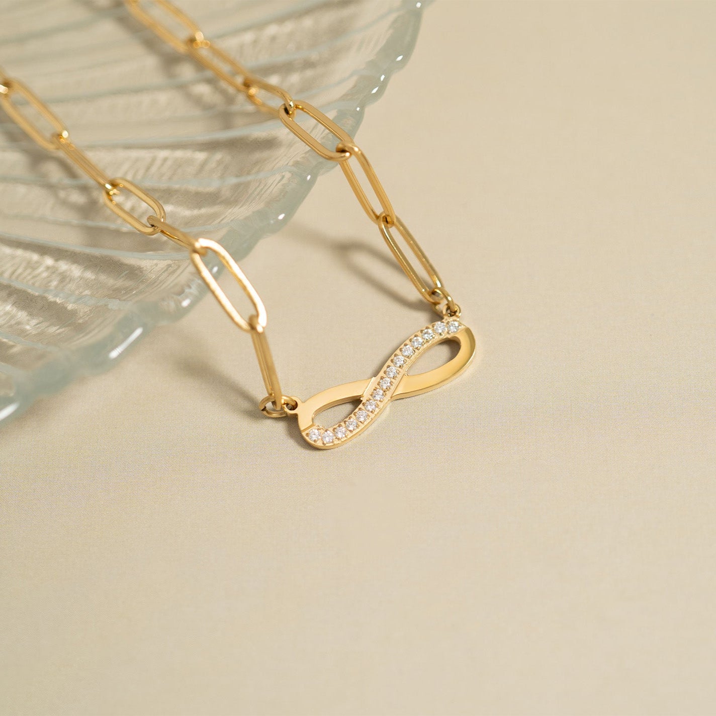 18K Gold PVD Stainless Steel Stone Infinity Paperclip Chain Necklace / CHN9977、mySite、dreamappss