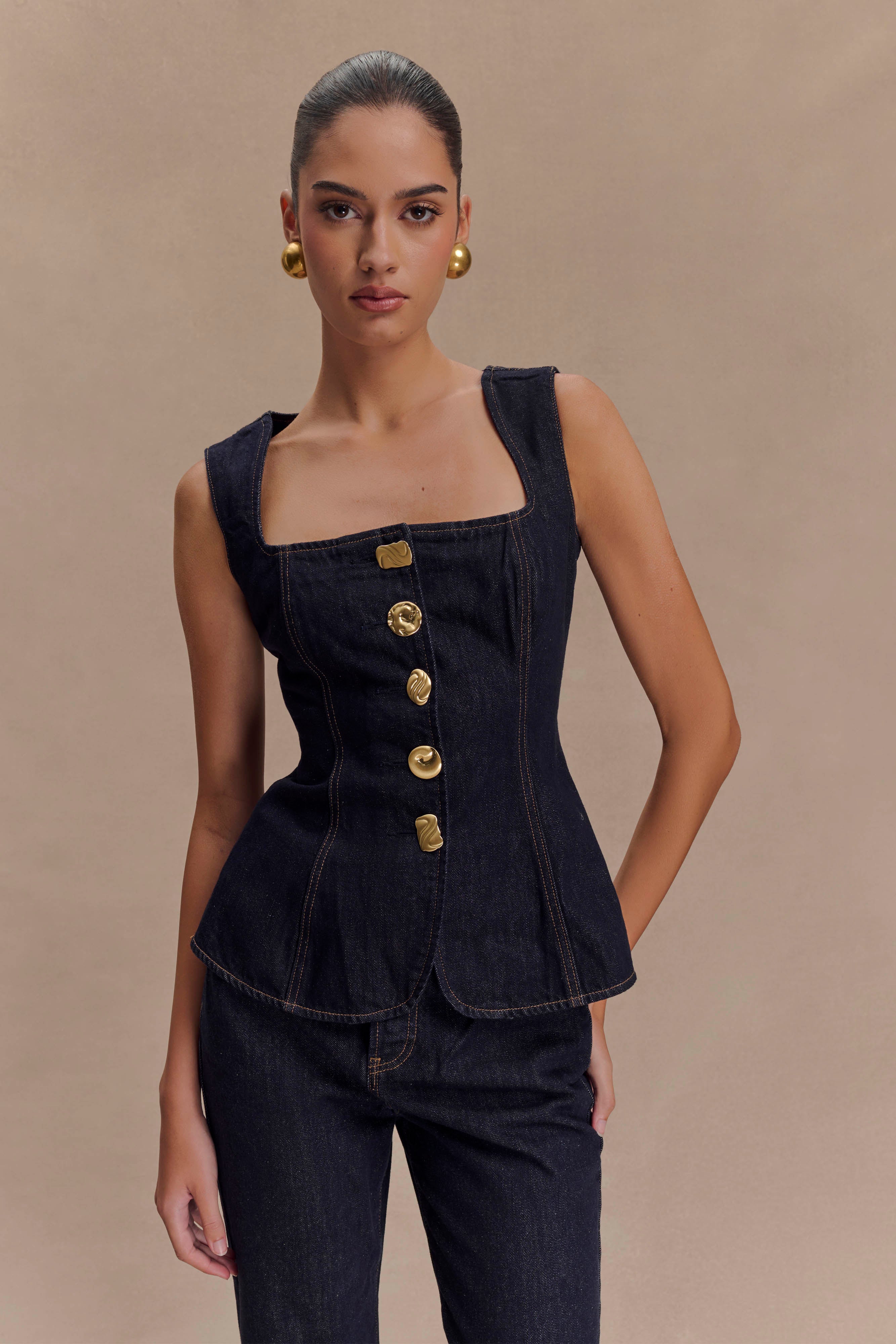 Neve Sleeveless Buttoned Denim Top - Washed Indigo Blue、mySite、solidvoid