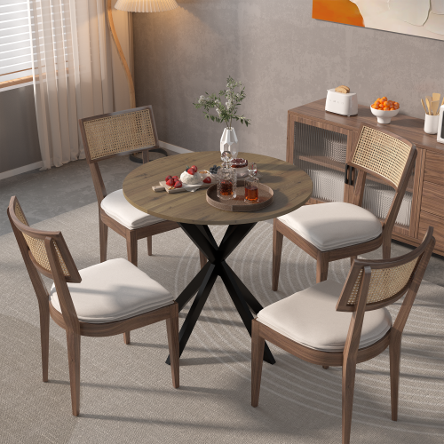 31.5 Inch Round Dining Table, Small Circle Kitchen Table with Metal Black Legs for 2-4 people,Modern Dining Room Table, Brown (only table)、、casual