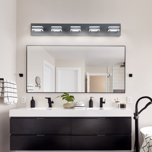 34" Modern 5-Light LED Vanity Light - Sleek Bathroom Wall Fixture, Iron & Acrylic, Dimmable & Energy-Efficient, Ideal for Mirror Lighting、、eastwooduniform