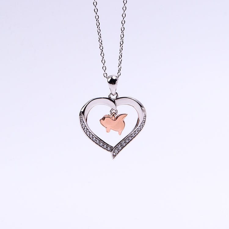 Flying Pig in a Heart with CZ Sterling Silver Necklace 18 Sliding Chain、mySite、g9winljtr