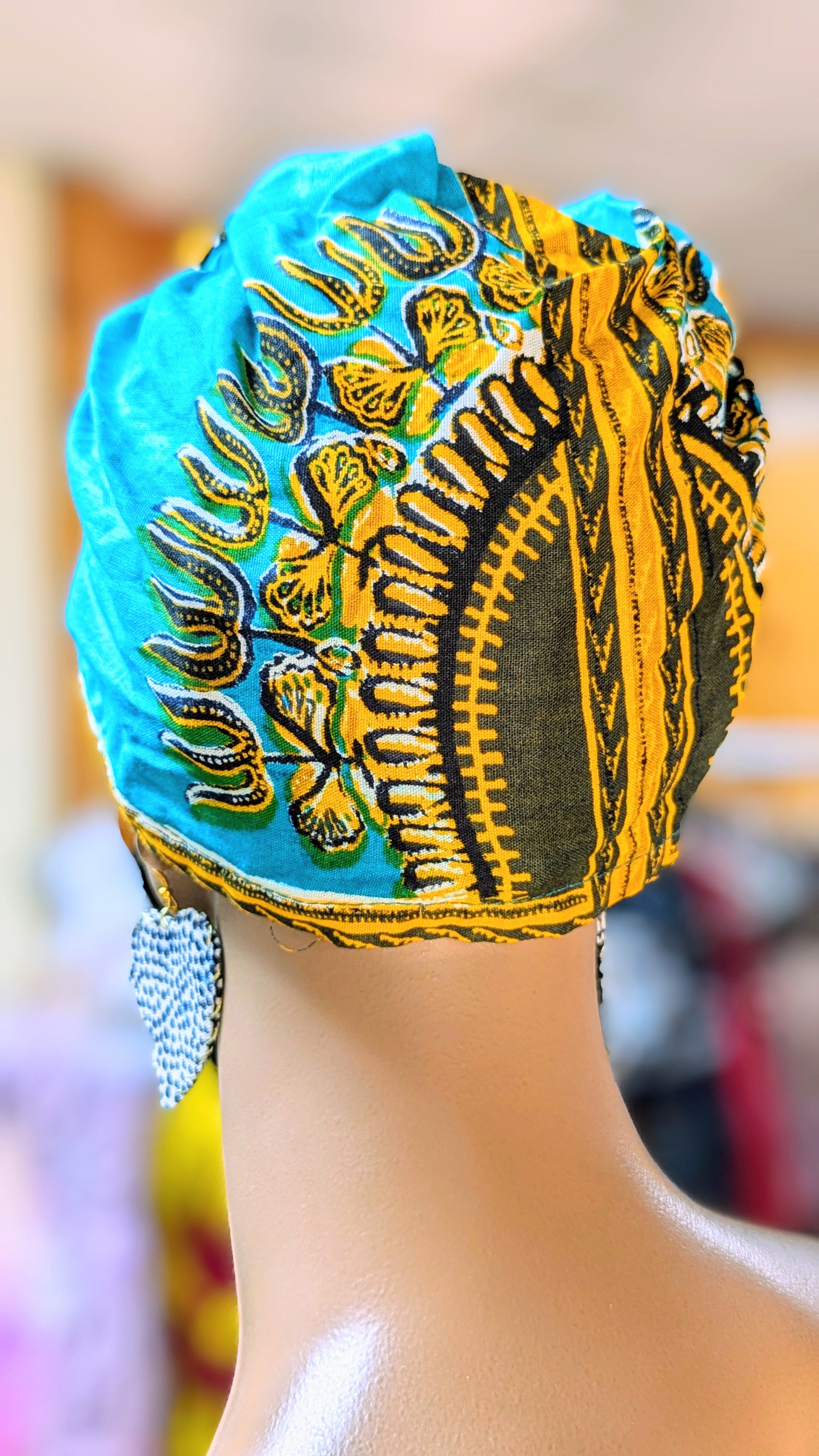 Dupsie's Akira Turquoise-Blue Cotton Dashiki Print Pre-Tied Head Wrap Hat DP3769PT8、mySite、solidvoid