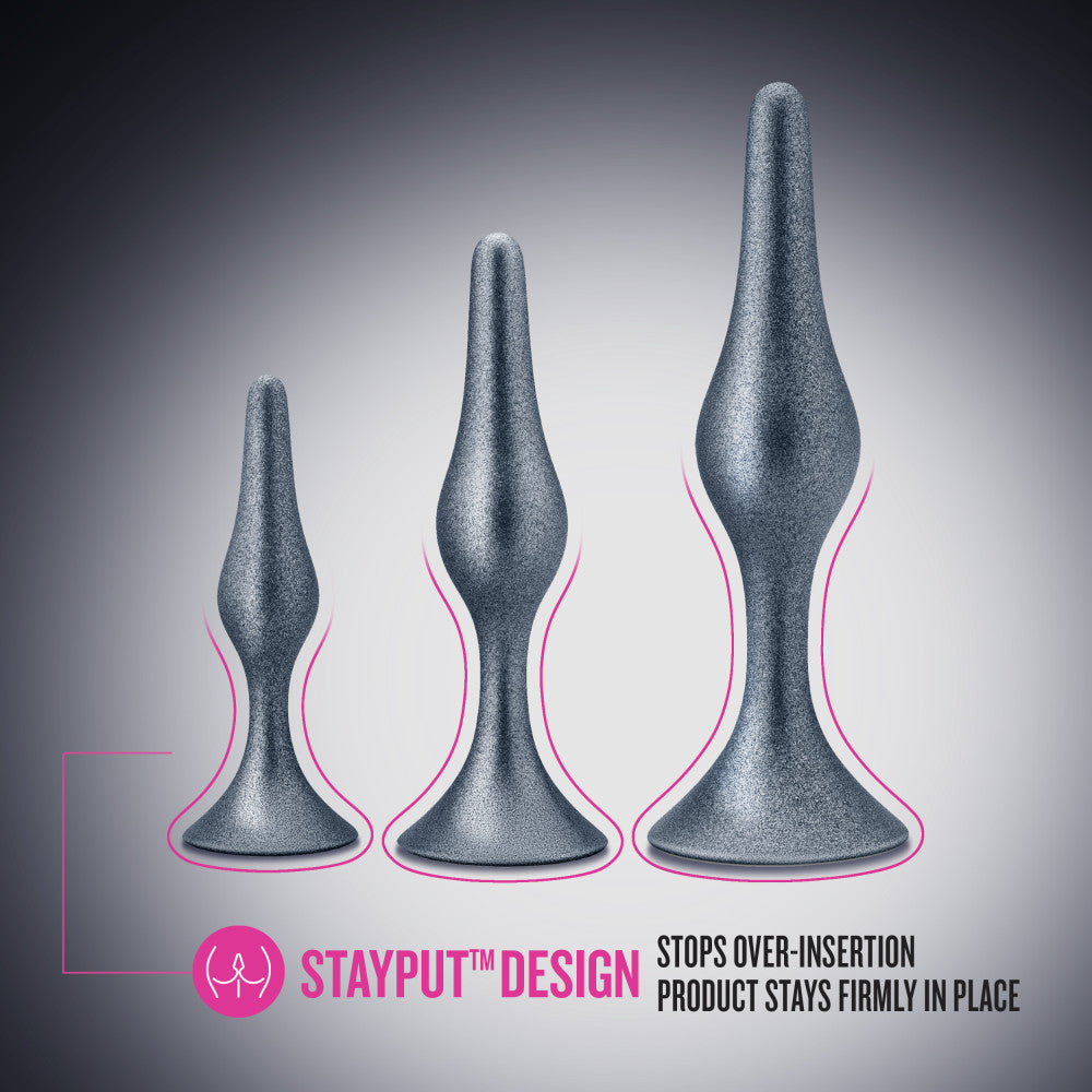 Anal Adventures Matrix By Blush® | The Genesis Plug Kit: 3 Progressing Smooth Tapered Butt Plug Kit in Stellar Silver | With Stayput™ Technology & AnchorTech™ Base、mySite、bottomscart