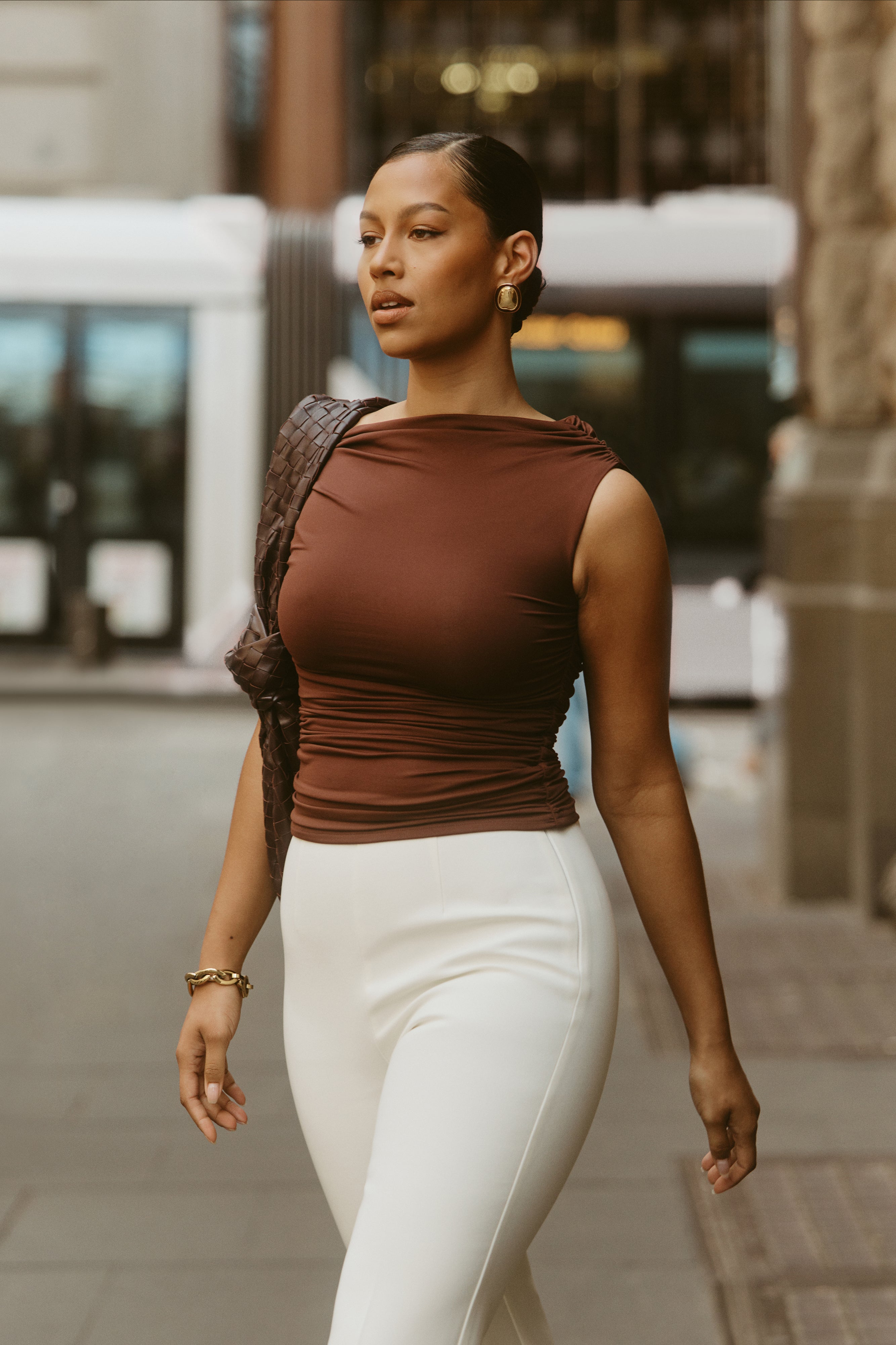 Alayna Recycled Nylon Ruched Top - Chocolate、mySite、solidvoid