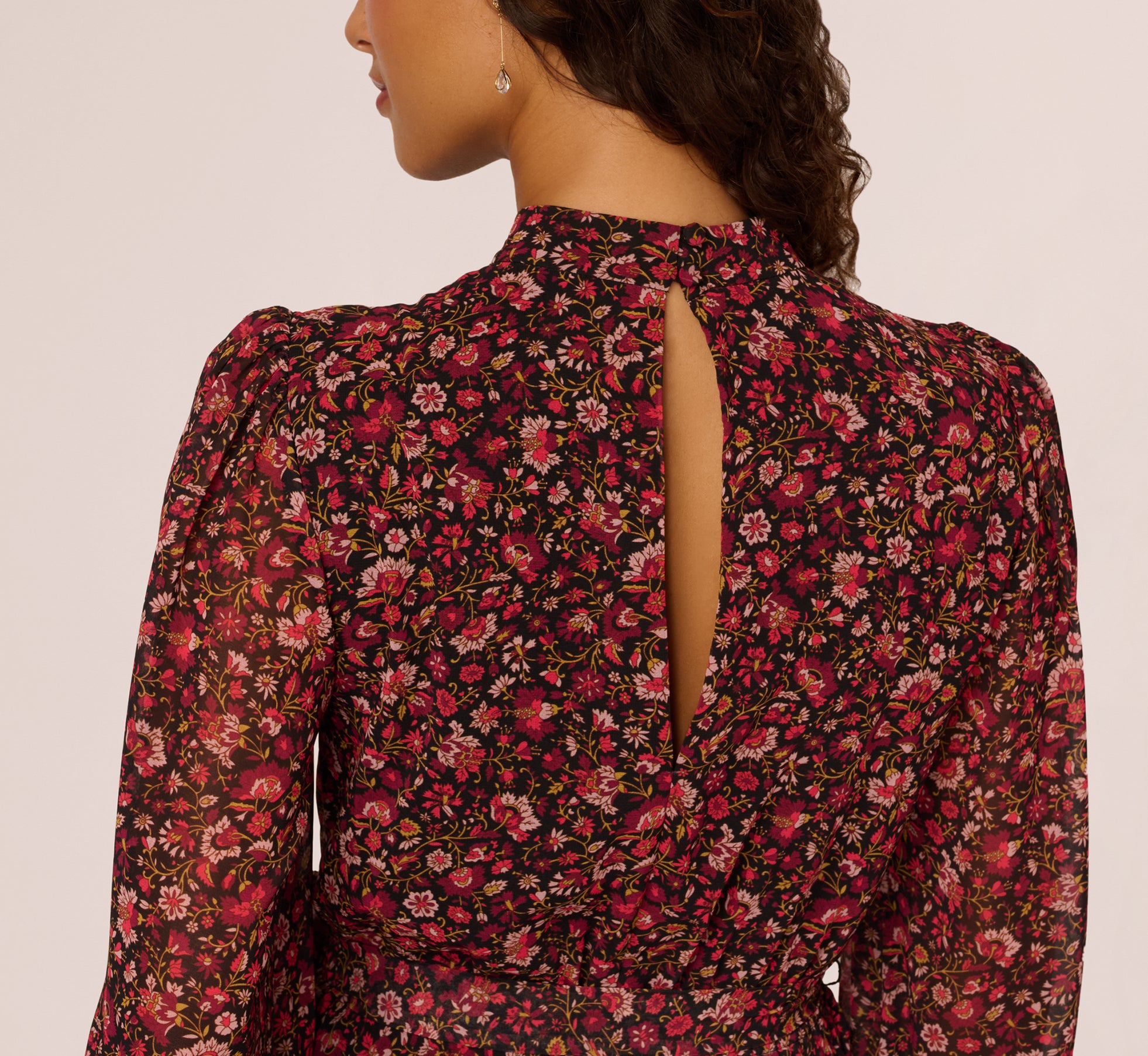 Long Sleeve Ditsy Floral Chiffon Midi Dress In Black Multi、mySite、solidvoid