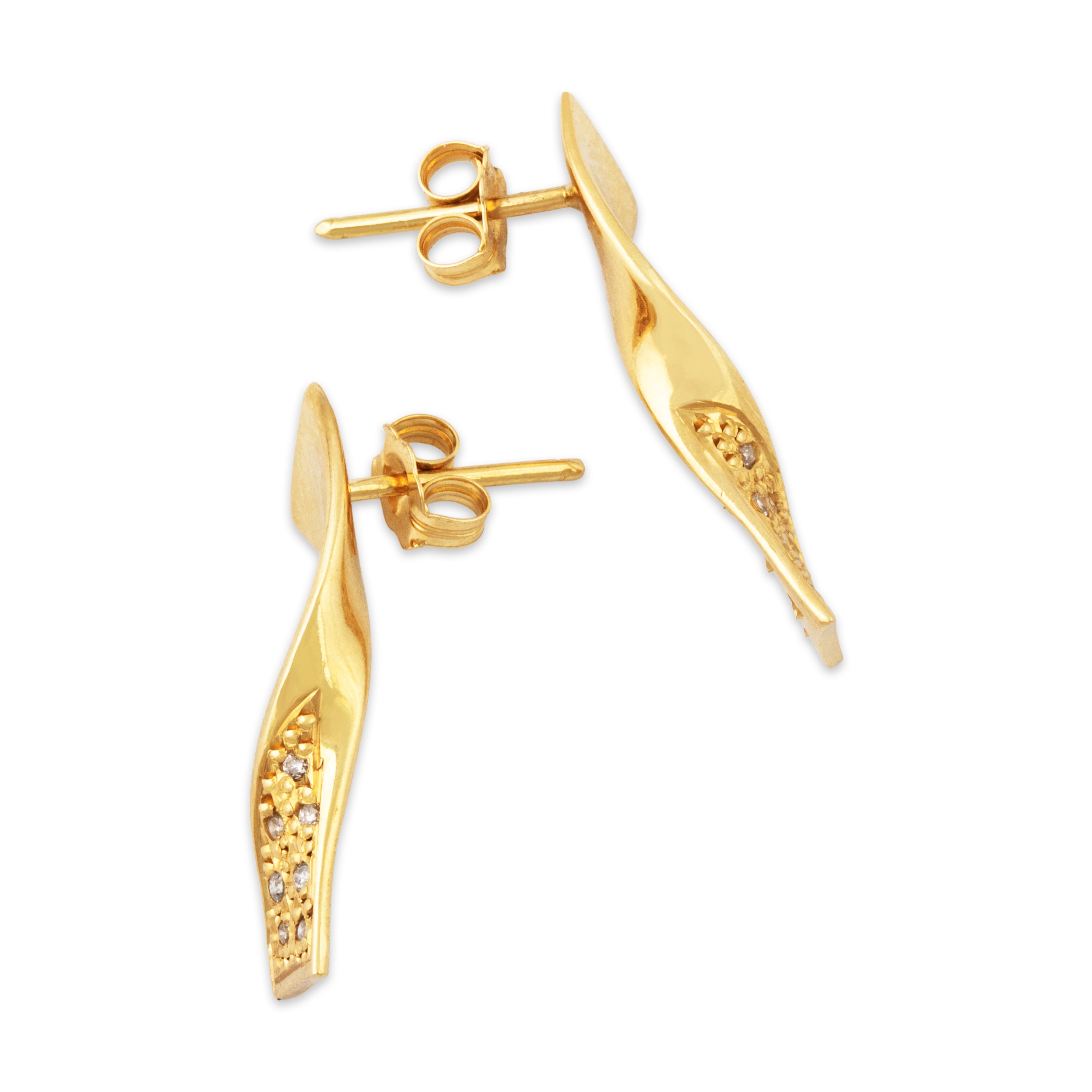 Vintage 18k Yellow Gold Diamond Modernist Ribbon Drop Stud Earrings、mySite、hinf8tx79