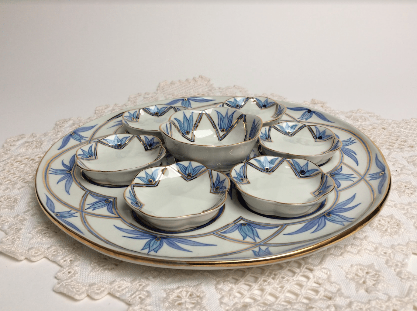 Navy, Turquoise and Gold Floral Porcelain Seder Plate and Salt Bowl、mySite、topwebapps