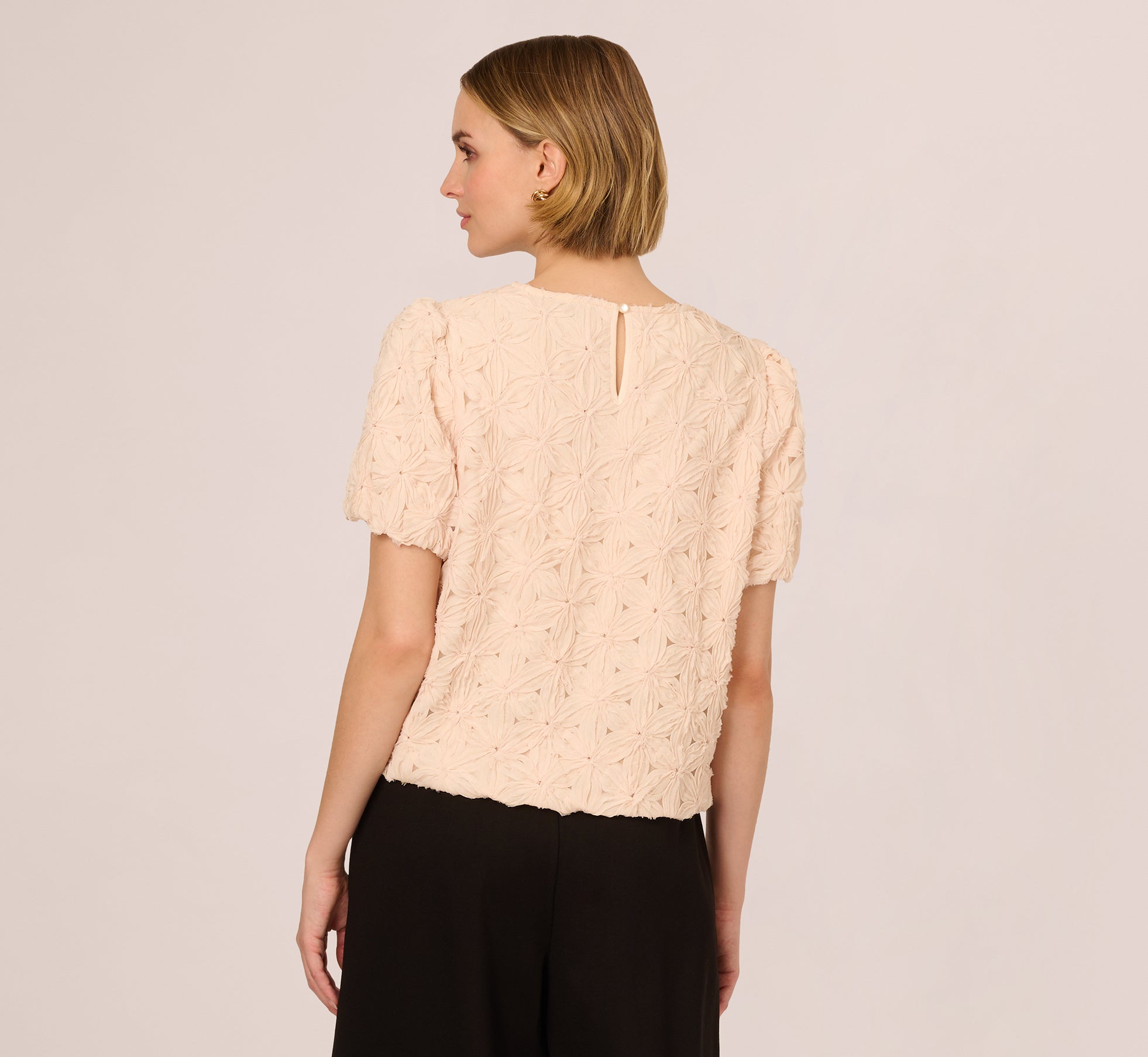 Short Sleeve Floral Crochet Texture Top In Sand Dollar、mySite、solidvoid
