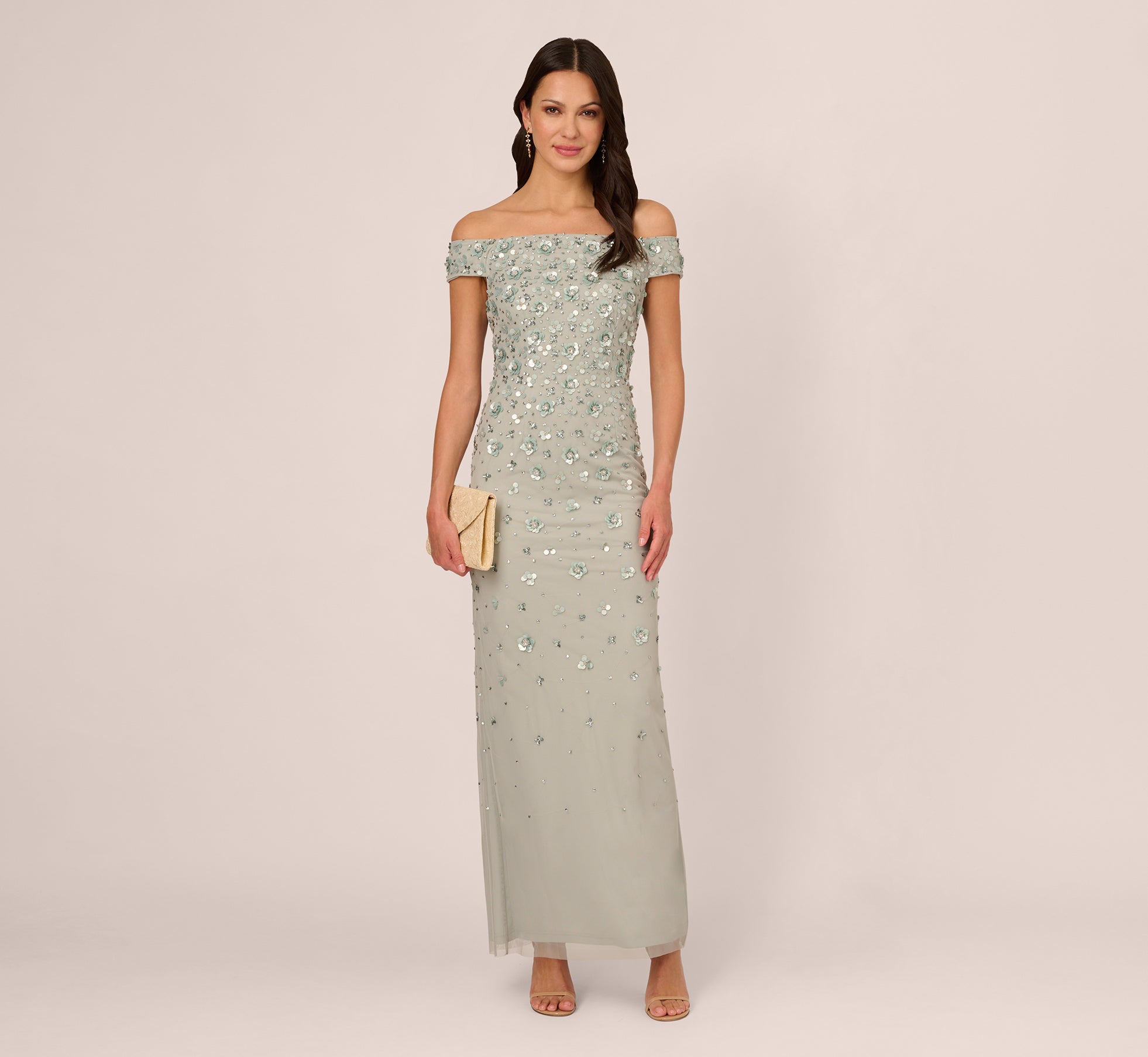 Off Shoulder Dress With Floral Embellishment In Frosted Sage、mySite、solidvoid