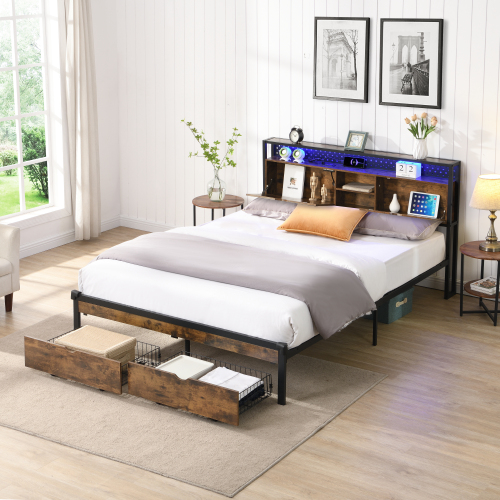 Full Size Metal Platform Bed Frame with Wooden Headboard and with Footboard USB,Charging Station,2 Drawers,storage, LED Lights, No Box Spring Needed, Easy Assemble、、casual