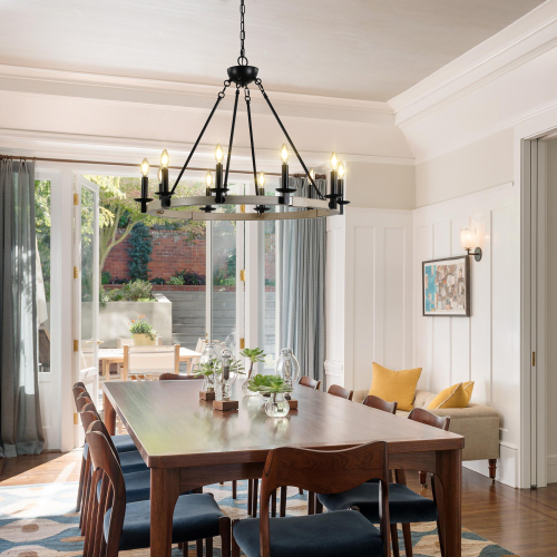 32" Rustic Farmhouse 10-Light Candle Chandelier, Black Metal and Wood Round Hanging Light Fixture for Dining Room, Kitchen, Living Room, Adjustable Height, E12 Bulb Base (No Bulbs)、、eastwooduniform