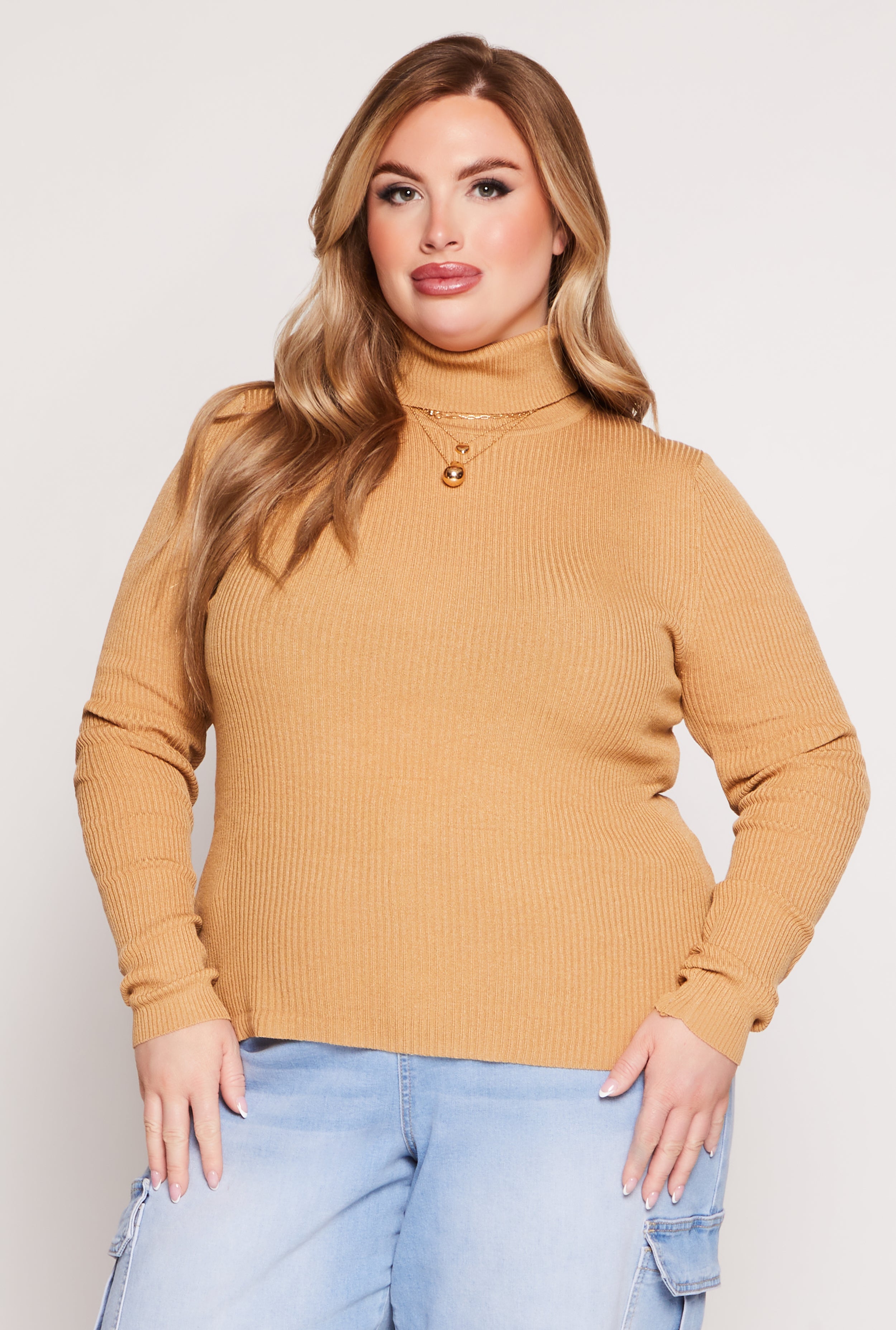 Plus Size Solid Rib Knit Turtleneck Top、mySite、camillekostekn