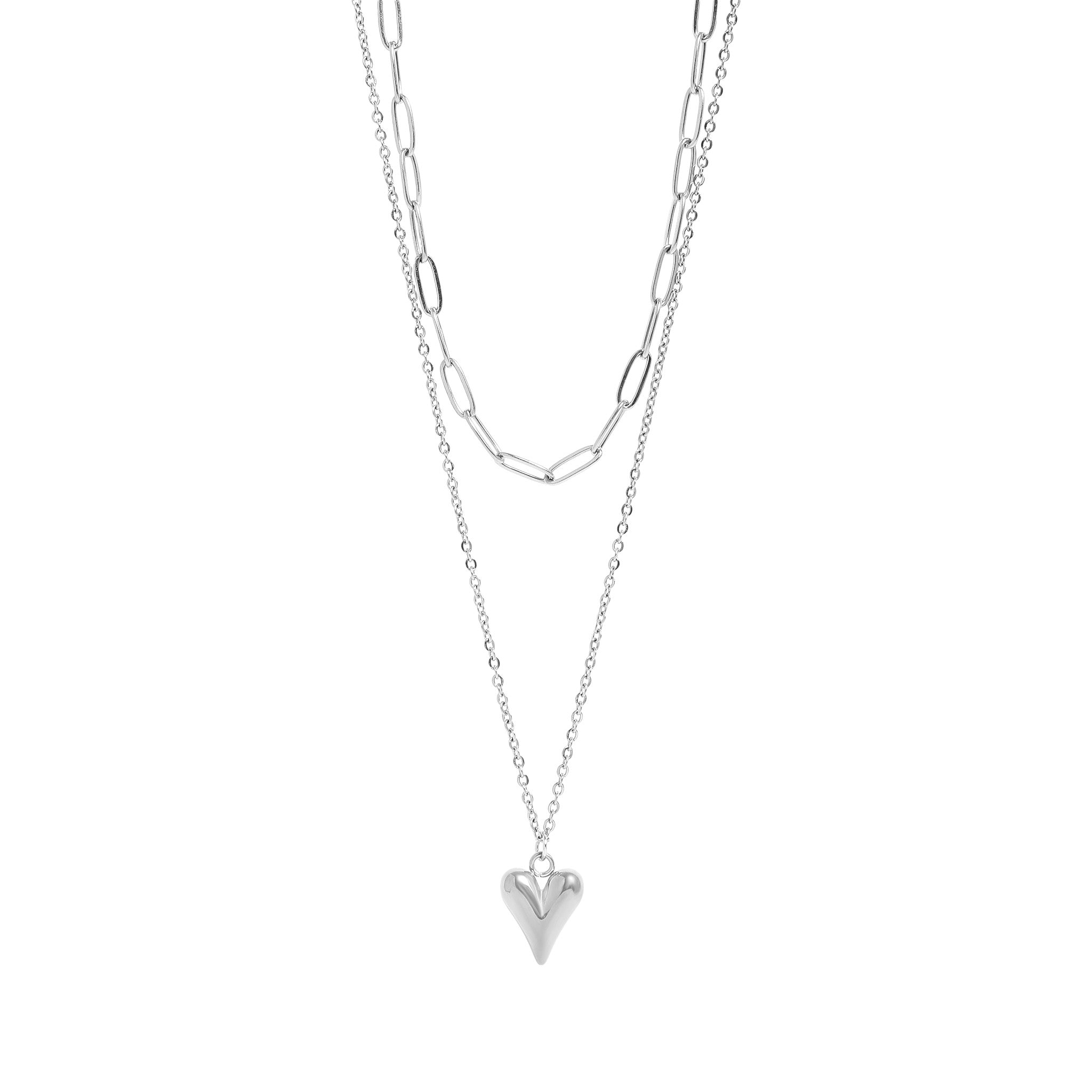 18K Gold PVD Stainless Steel Loop and Paperclip Layered Chain Heart Charm Necklace / CHN0026、mySite、dreamappss